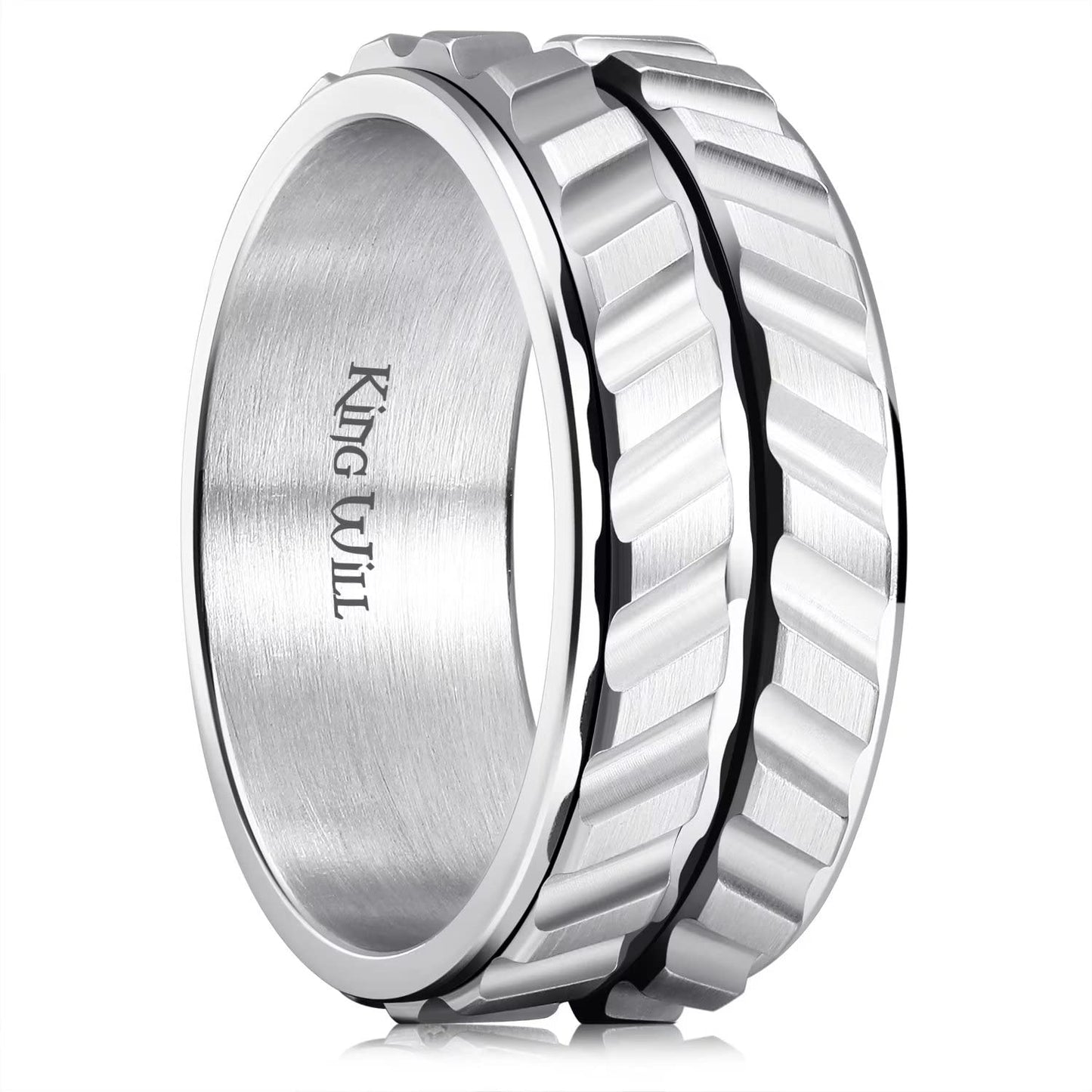 King Will Mens Silver 8mm Spinner Rings Tire Thread Stainless Steel Groove Anxiety Fidget Ring for Men 10