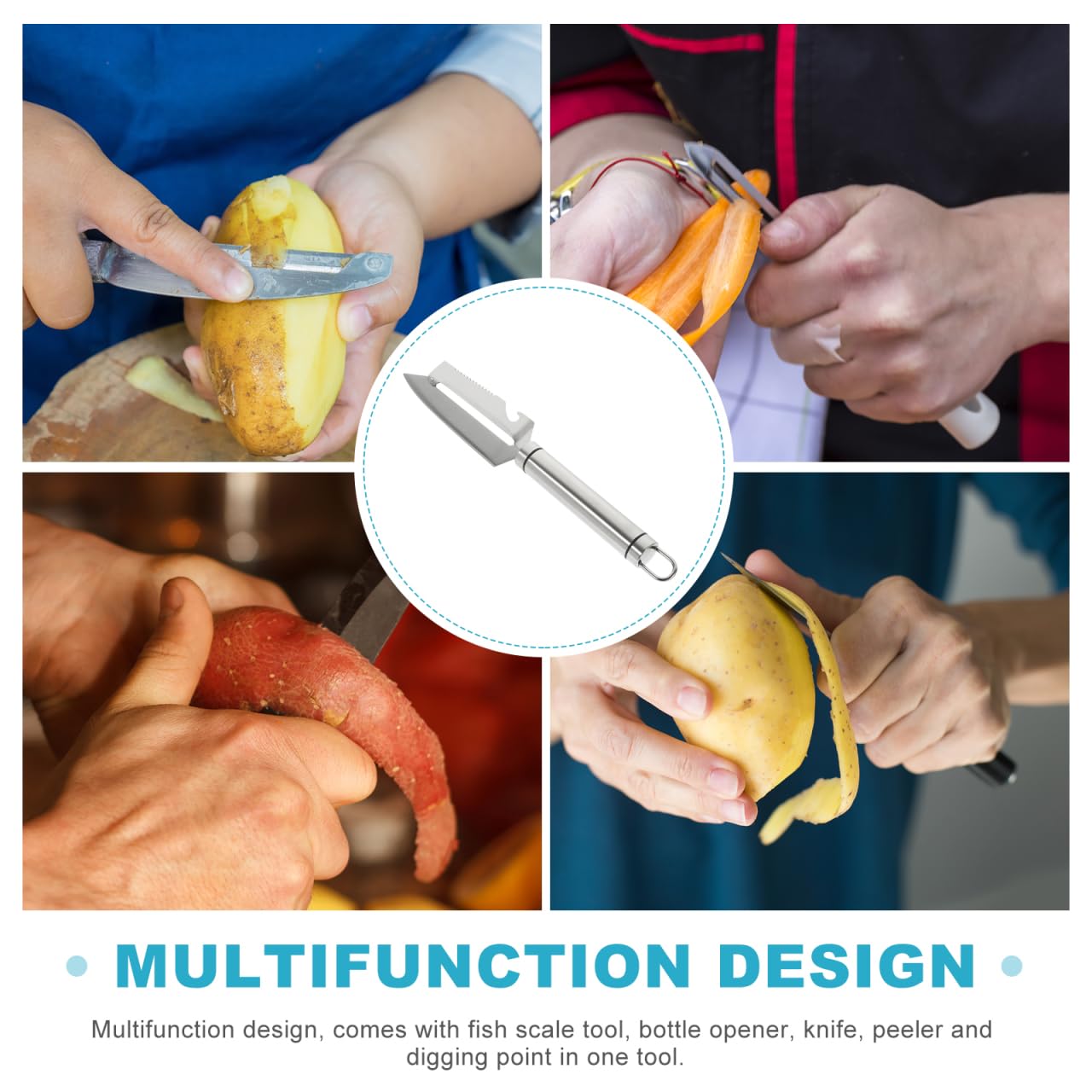 BESTonZON Multifunction Stainless Steel Peeler Knife 9.44 Inch with Fish Scale Scraper Bottle Opener for Fruit Vegetable Preparation Kitchen Gadget