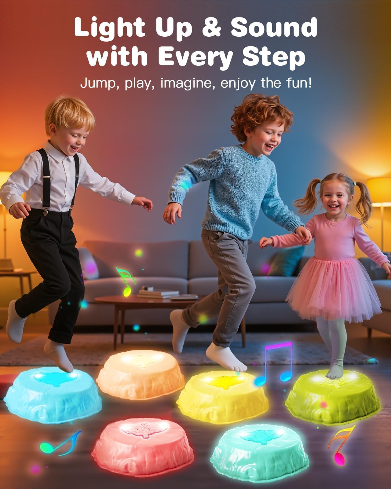 Gleamkid Light Up Stepping Stones for Kids with Music: 6PCS Thicker Double Non-Slip Balance Stepping Stones with Rainbow Spinner, Indoor Outdoor Sensory Toy for Toddlers Ages 3+, Boys & Girls Gifts