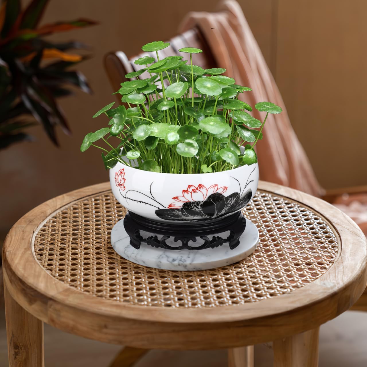Toddmomy Hydroponic Ceramic Planter Pot with Base 7.08 Inch Round Water Lily Lotus Bowl for Indoor Outdoor Garden Decor Suitable for Water Plant Growth