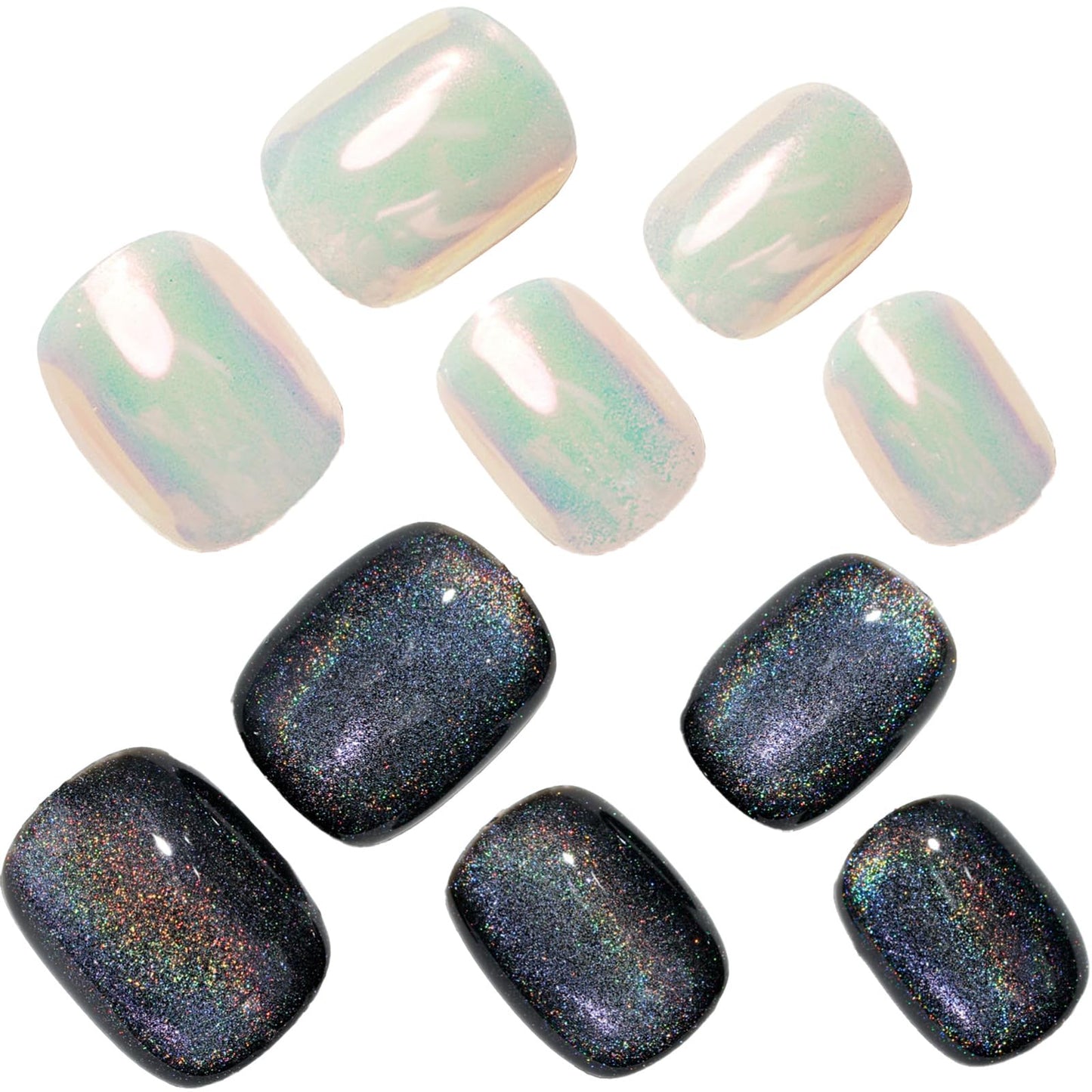 GLAMERMAID Press on Nails Extra Short Squoval, Handmade 2 Packds Pearl Chrome & Black Rainbow Gel Glue on Nails