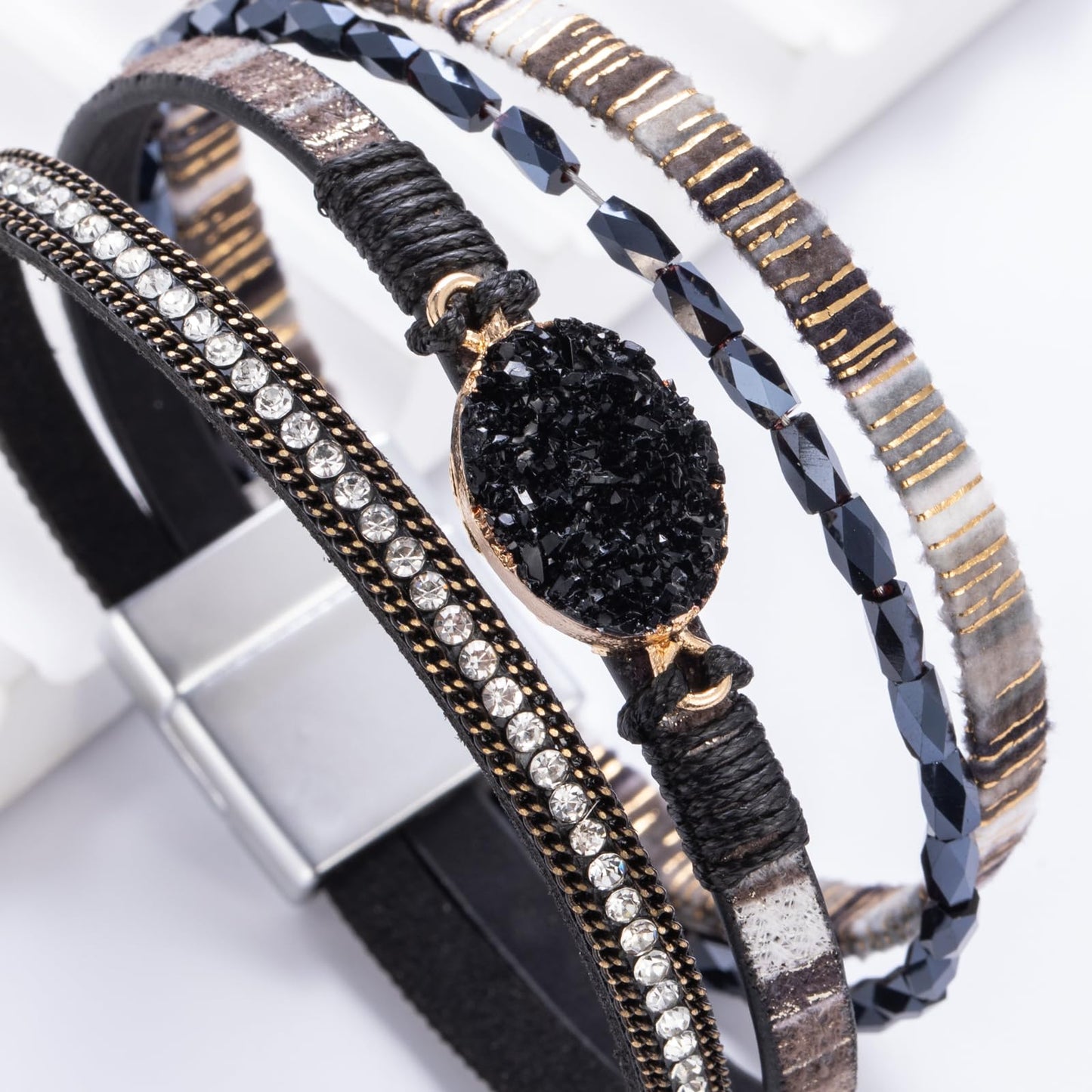FANCY SHINY Boho Leather Wrap Bracelet Stackable Chunky Crystal Cuff Bracelets with Magnetic Clasp Cowboy Cowgirl Western Summer Beach Outfits Jewelry Gifts for Women (7.7", Boho Black)