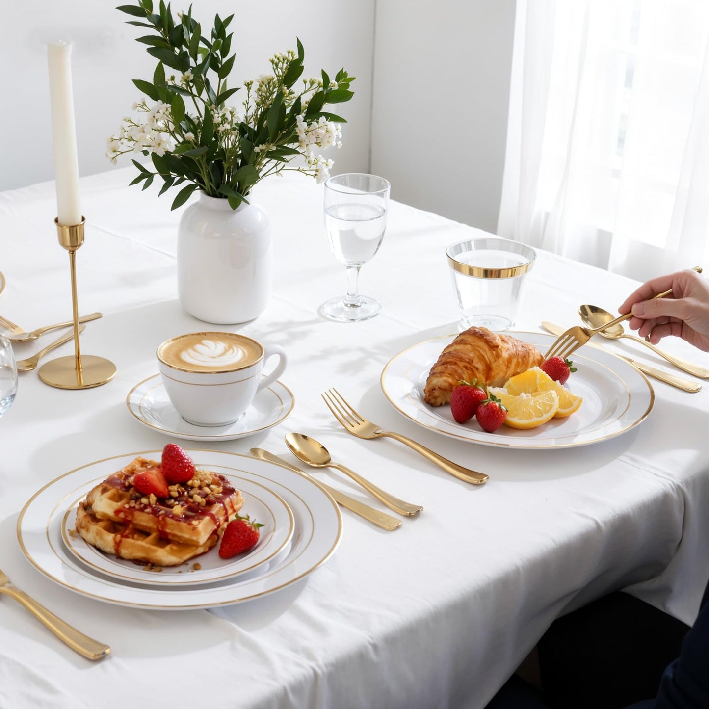 WDF Partyware 350Piece Gold Dinnerware Set for 50 Guests - Gold Plastic Plates with Disposable Cutlery - 50Dinner Plates-50Dessert Plates-50Pre Rolled Napkins with Silverware for Wedding/Mother's Day