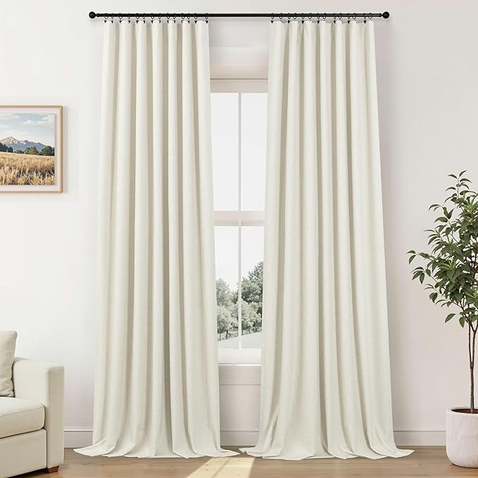 Bedroom Blackout Curtains 68 Inch Length 2 Panel Set Natural Linen Textured Cream Thermal Curtains for Summer Heat Living Room Darkening Pretty Custom Short Drapes for Basement Office Dining Room Kids