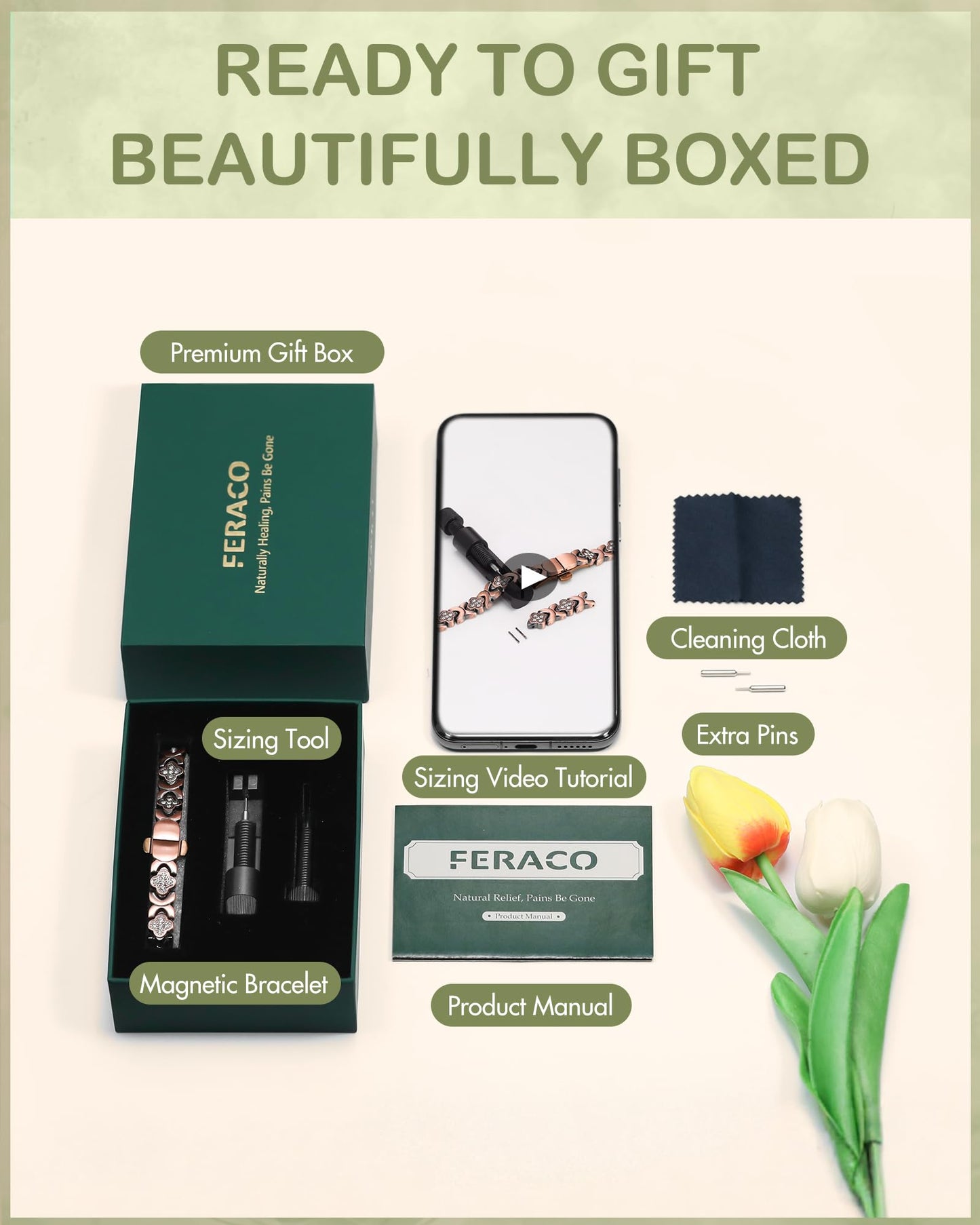 Feraco Pure Copper Bracelets for Women, 5X Ultra Strength Magnetic Bracelet with 5000 Gauss Neodymium Magnets & Upgraded Butterfly Clasp, Adjustable Jewelry Gift (Copper Clover)