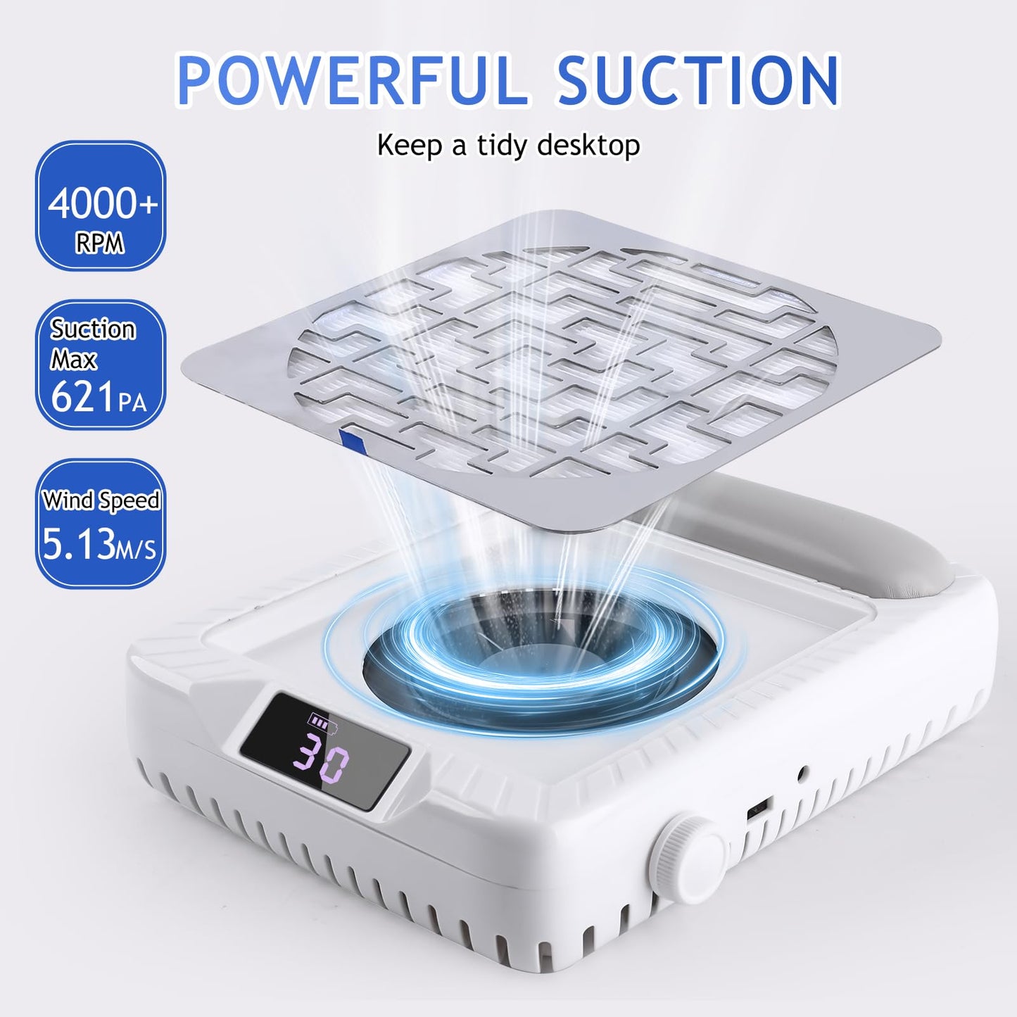 BOMOQING Rechargeable Nail Dust Collector, Professional Dust Collector Nail Tech with LED Display, Powerful Adjustable Nail Dust Cleaner Machine for Acrylic Nail Polishing & Salon use