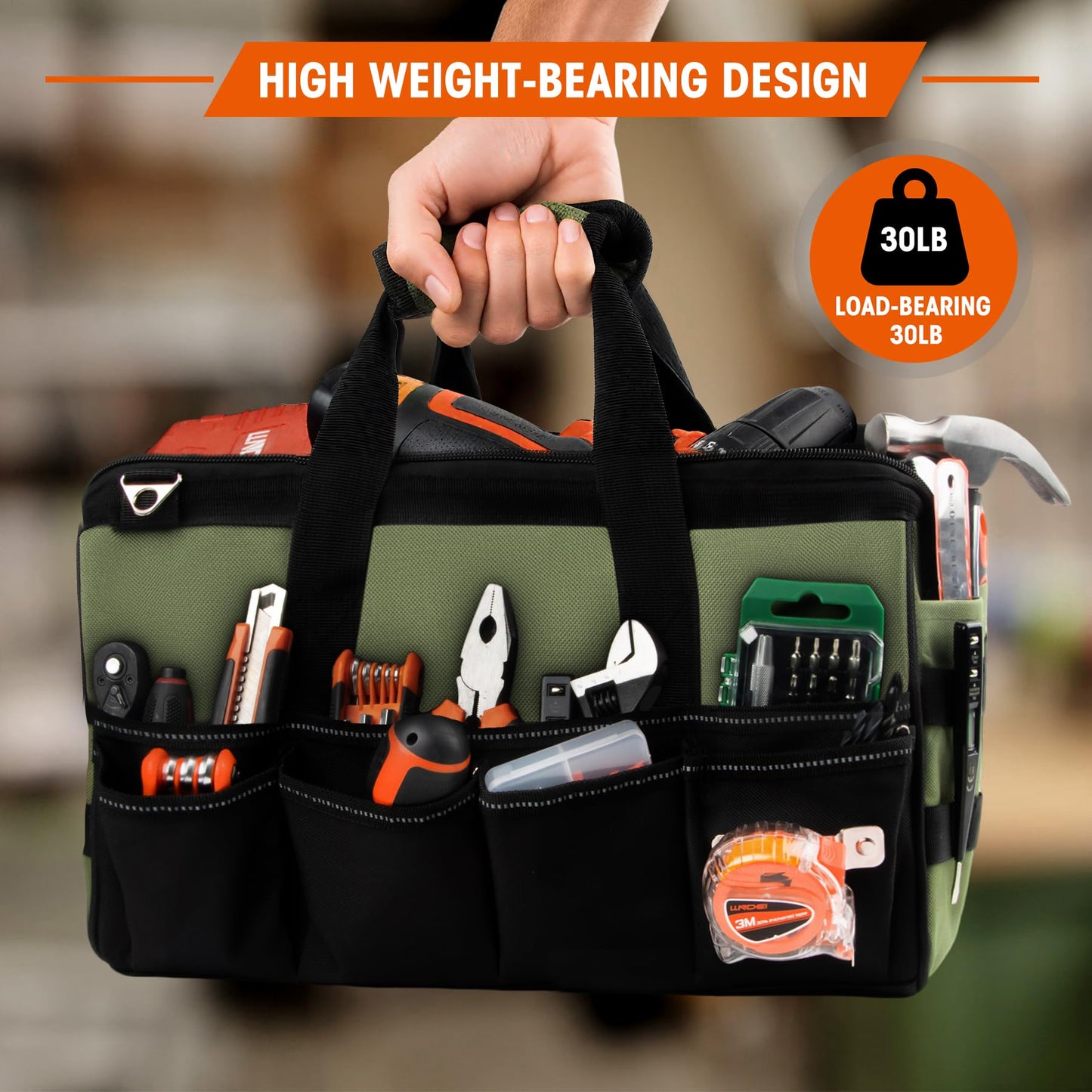 LLNDEI Heavy Duty Tool Bag, 15.7 Inch Portable Tool Organizer With 16-Pocket, Adjustable Strap & MOLLE System,Ideal Gift For Men & Fathers