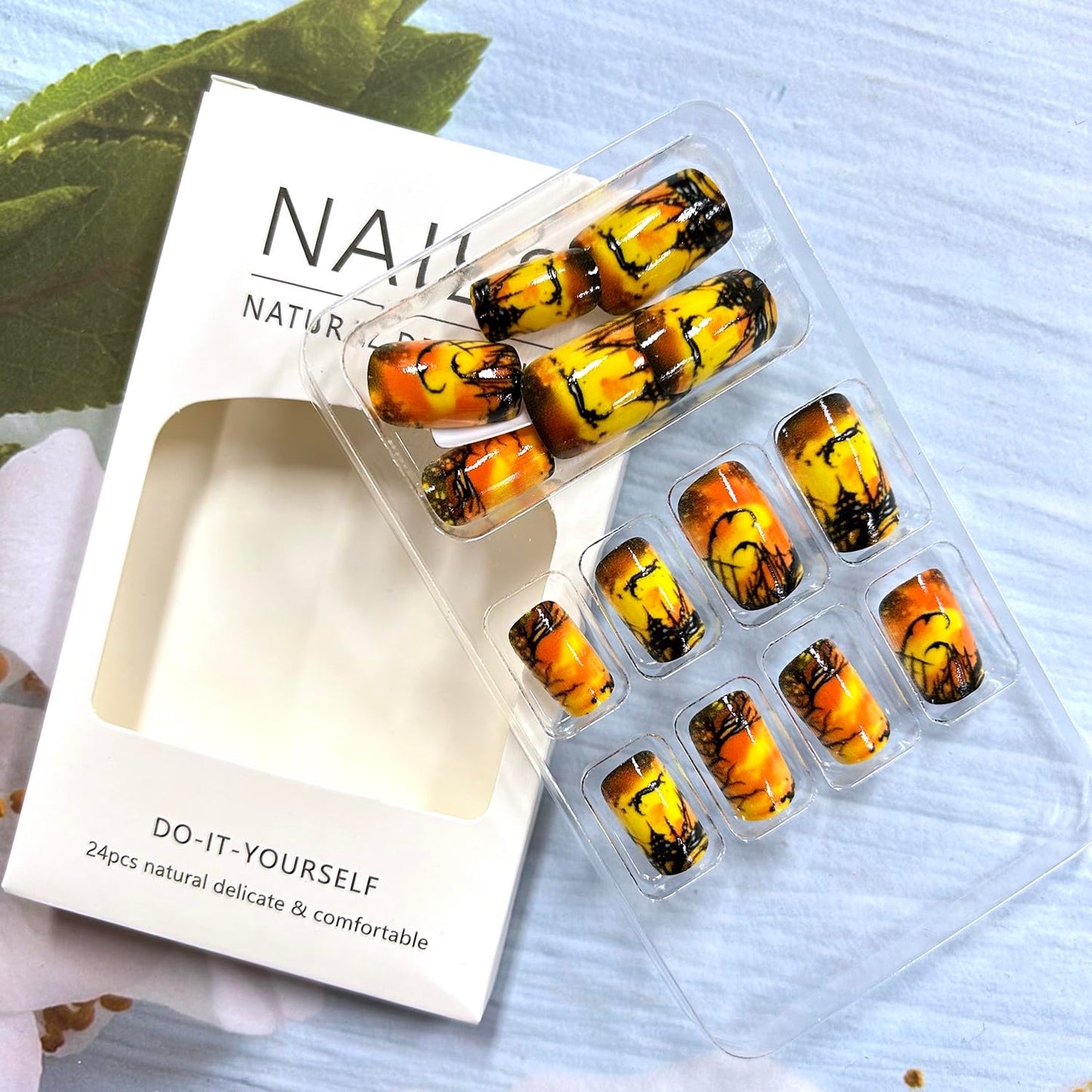CJDLTS 24Pcs Press On Medium Orange Square Artificial Nails Full Cover Coffin Nails - Black Branches Design, Reusable Glue On, DIY Stick On