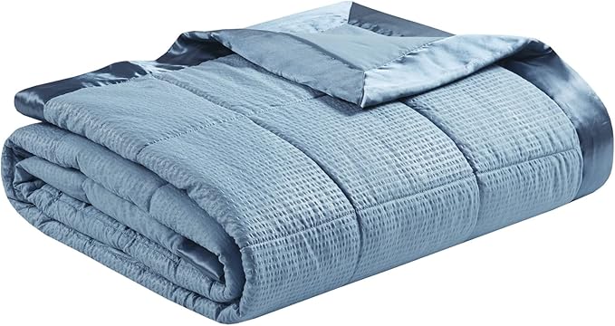 Madison Park Cambria Down Alternative Blanket, Premium 3M Scotchgard Moisture Wicking Treatment, Lightweight and Soft Bed Cover For Summer with Satin Trim, Oversized King Slate Blue