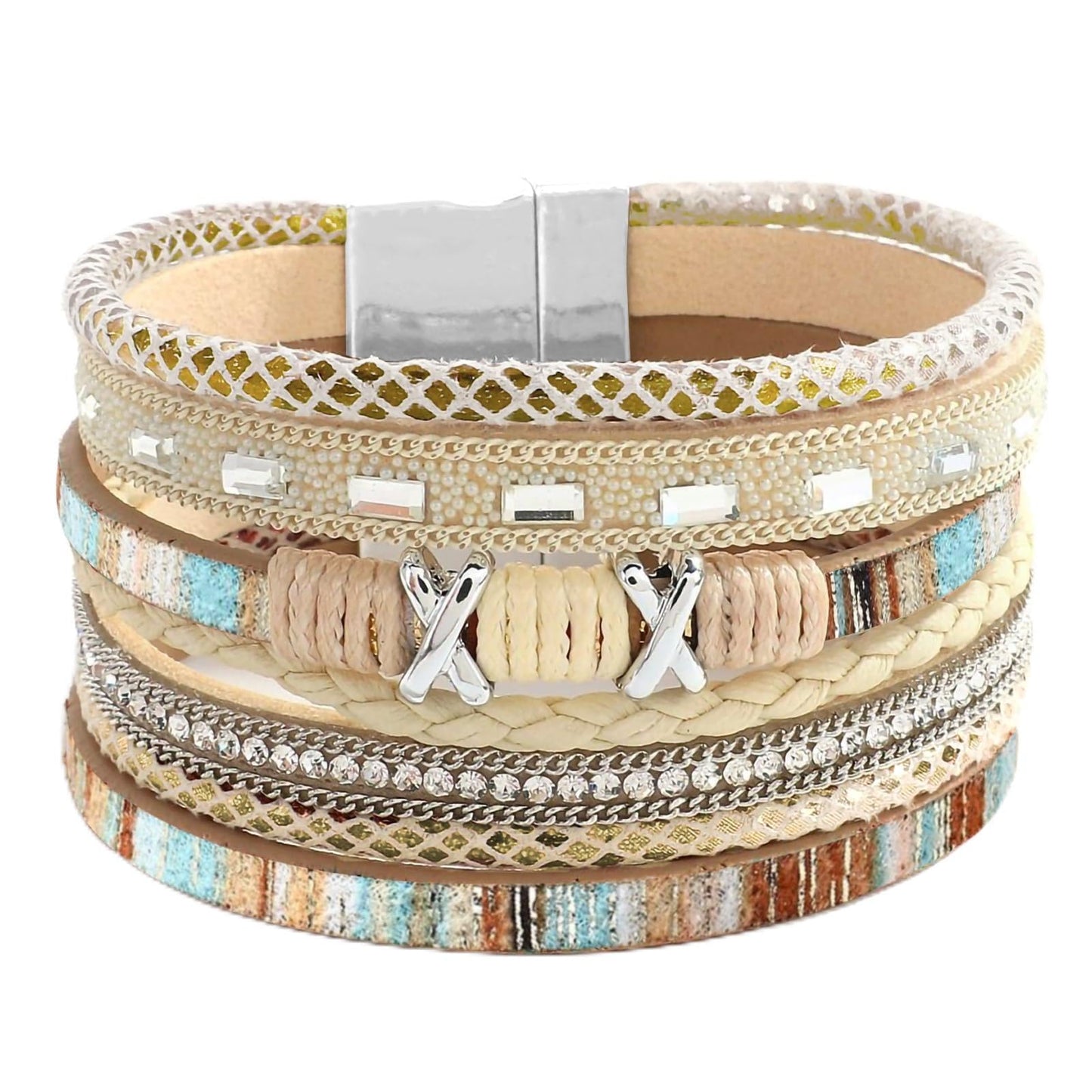 Leopard Bracelet for Women, Boho Leather Wrap Multi-Layer Pearl Crystal Bracelet Bangle Jewelry (Boho(Khaki))
