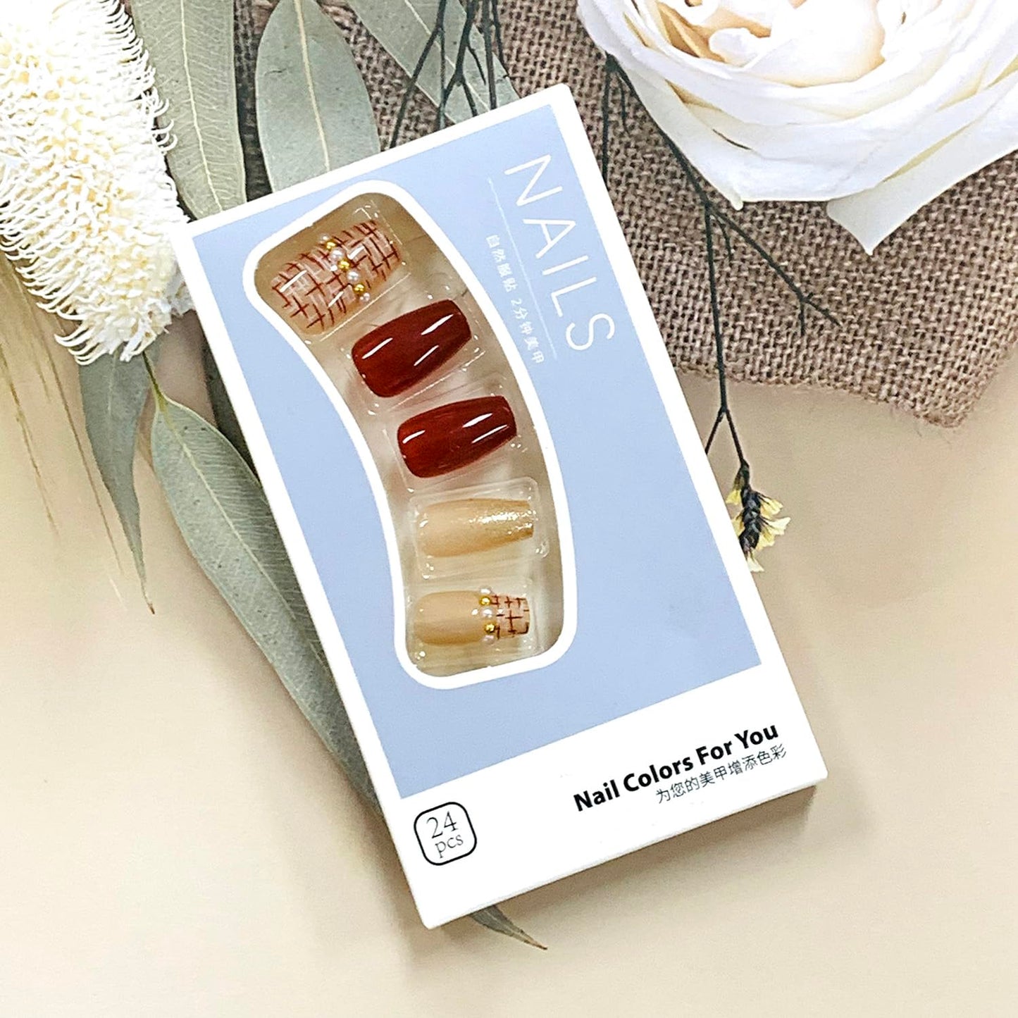 Press on Short Square Nails Glossy Full Cover Acrylic Short Length Square Red False Nails with Pearl Designs Artificial Square Shaped Fake Nails with Charms Glue ons Fingernails for Women Girls