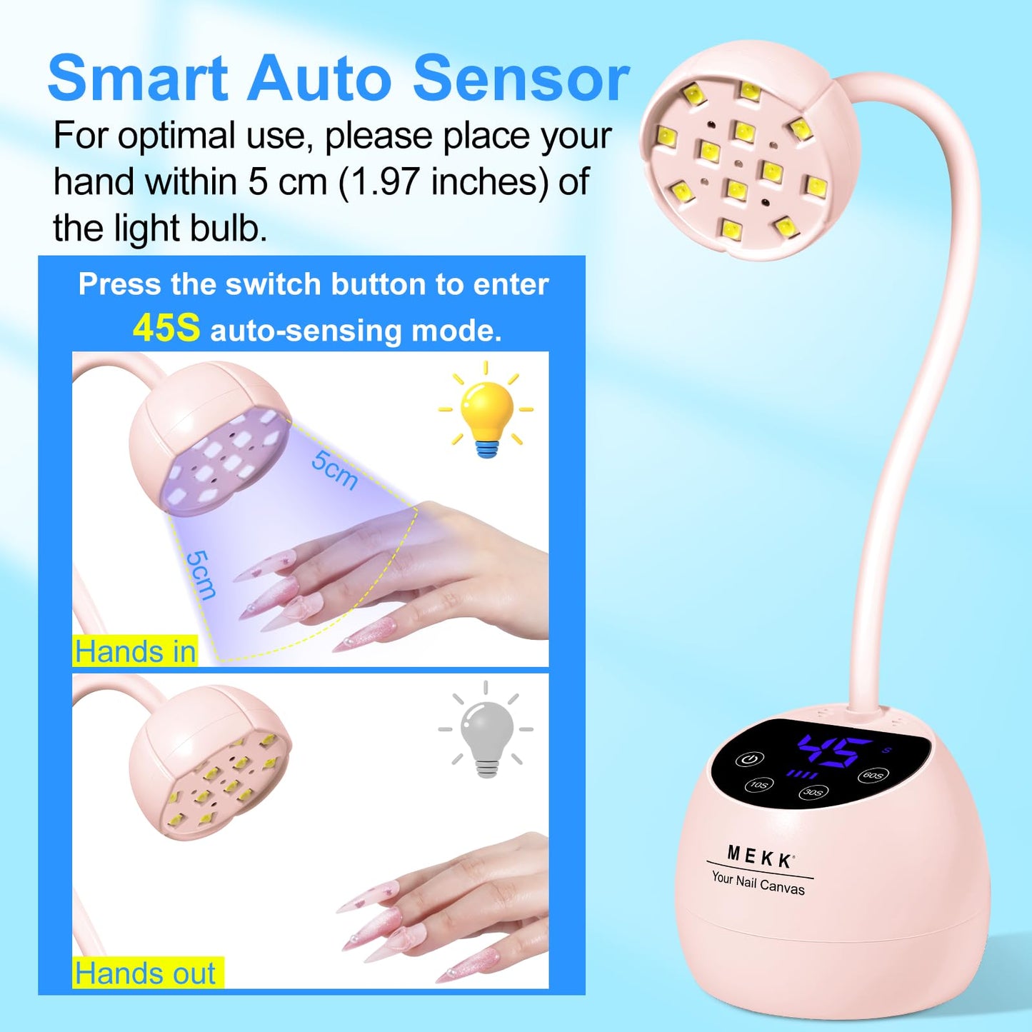 MEKK Gooseneck UV LED Nail Lamp - 36W Cordless Mini UV Light for Gel Nails for Home & Travel, Single Nails Light for Detail Work, Flash Cure Lamp with Auto Sensor, 4 Timers, Flower Design (Pink)