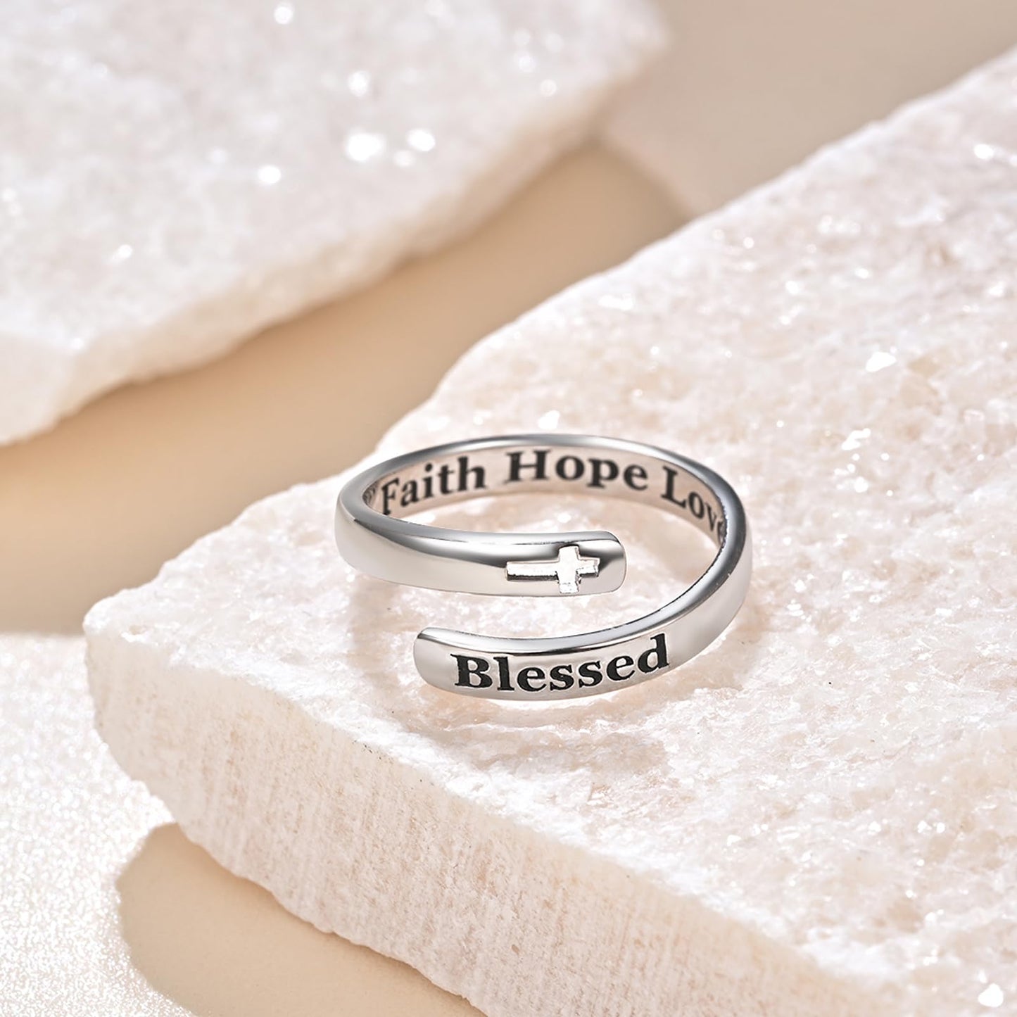 925 Sterling Silver Inspirational Jewelry Adjustable Wrap Open Ring Encouragement Gift for Women(Blessed Faith Hope Love)