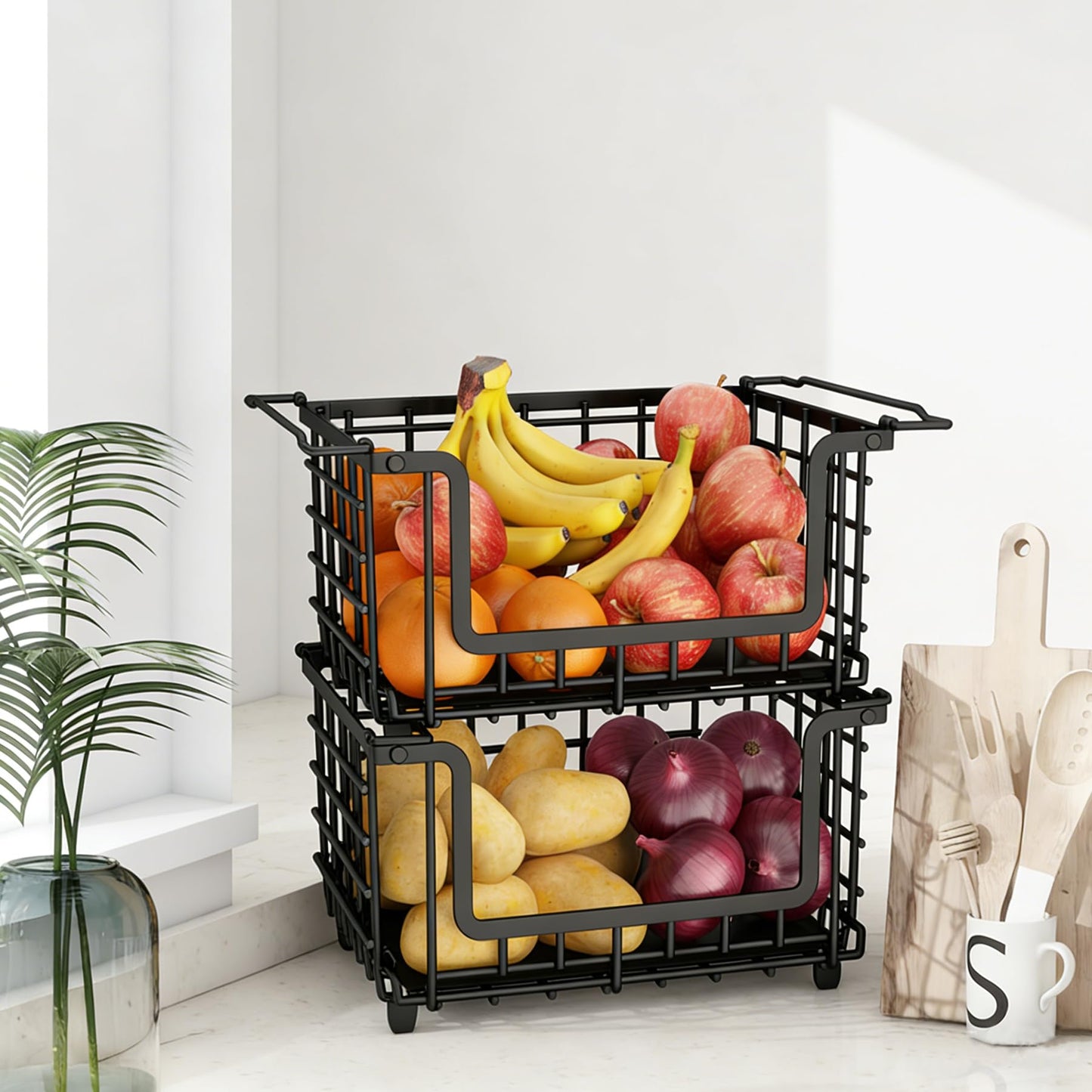 2 Pack Stackable Metal Wire Vegetable Fruit Basket for Kitchen Counter Cabinet, Pantry Organizers and Storage Basket, Food Can Snack Onion Potato Bread Storage Shelf Freezer Organizer Bins Containers