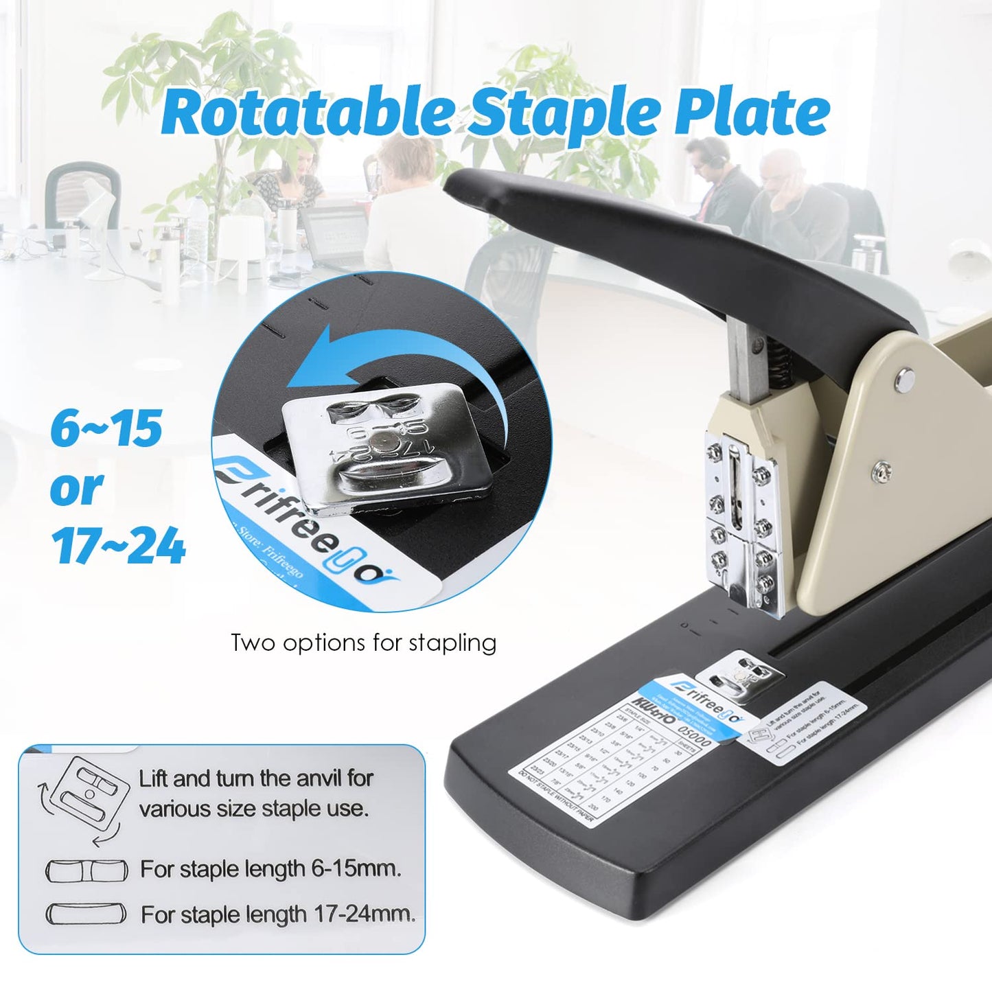 Frifreego Long Reach Stapler, Heavy Duty Long Arm Stapler, 200 Sheets Capacity, 4000 Staples Gift, 9.84” Adjustable Stapling Depth Suitable for Booklets & Office Document, Fixable Paper Guide