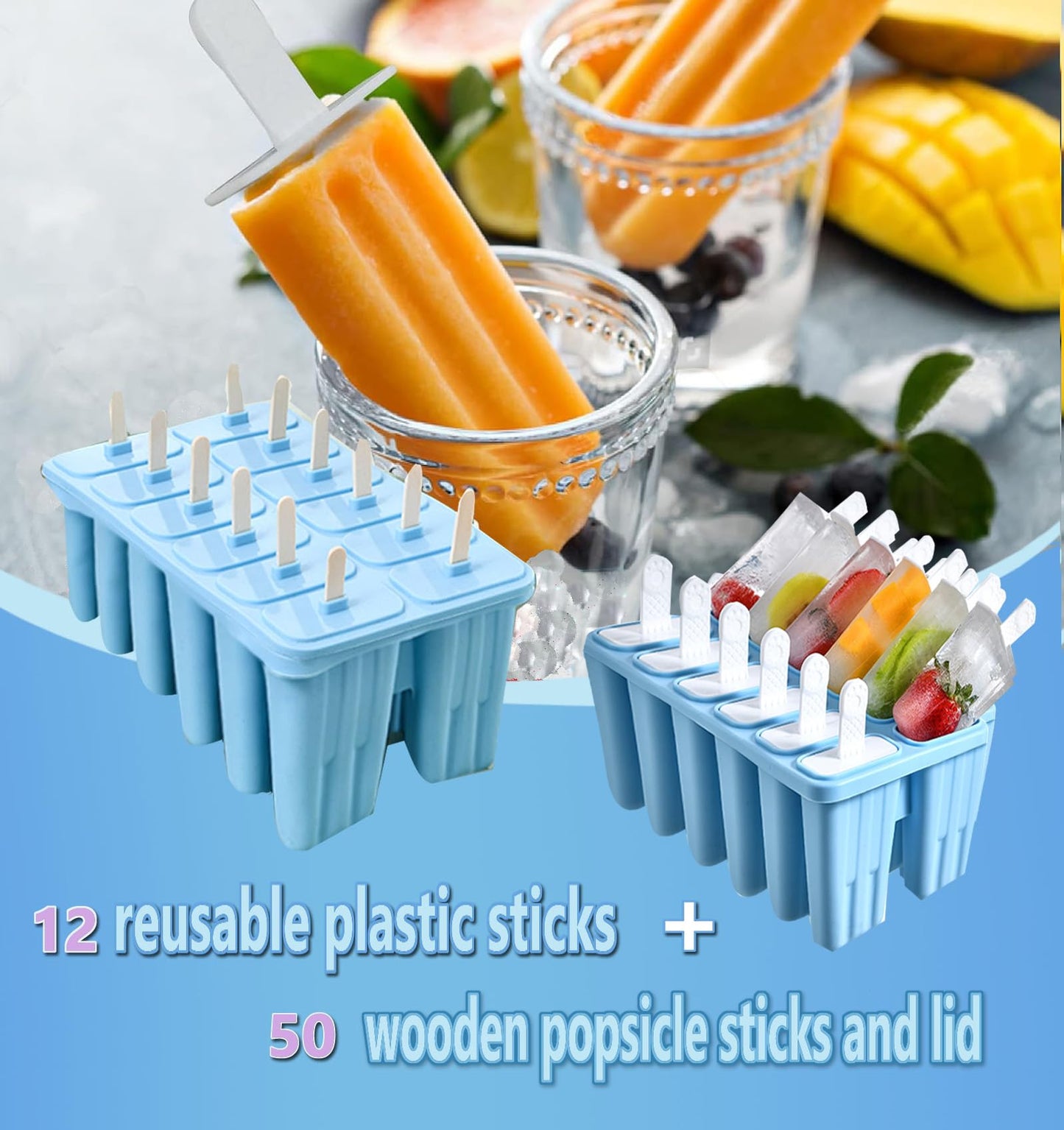 Silicone Popsicle Molds with Sticks Wpunwen 12 Cavity Ice Popsicle MoldsIce Cream Mold with Clean Brush 12 Reusable Sticks 50 Sticks 50 Bags Blue