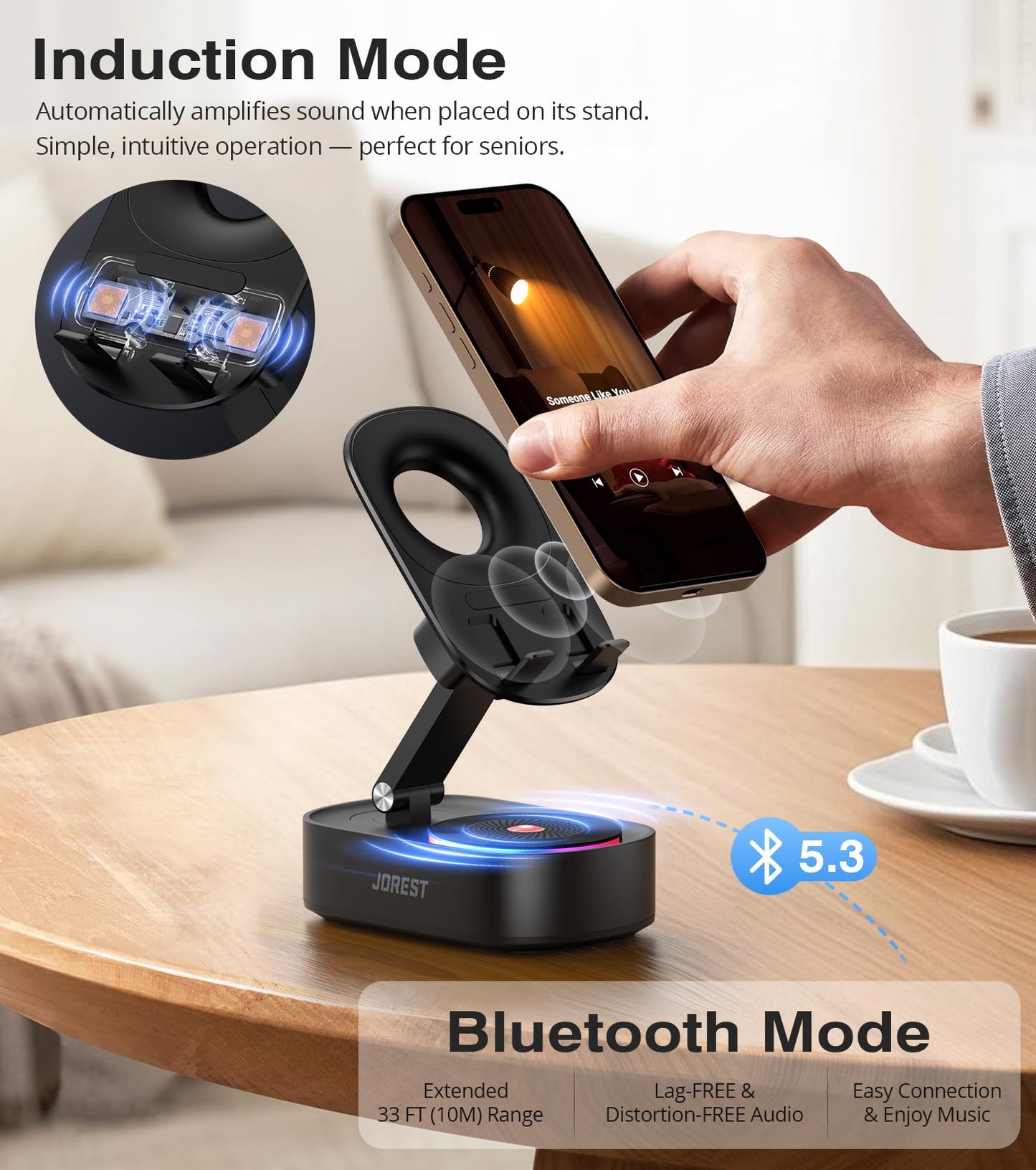 Jorest Wireless Induction Speaker,Cell Phone Stand with Bluetooth Speaker,Valentine's Gifts for Older Men Women Teenage Boy,Ampilifer Gadget Foldable with iPhone/Ipad,Birthday Gift for Dad Father