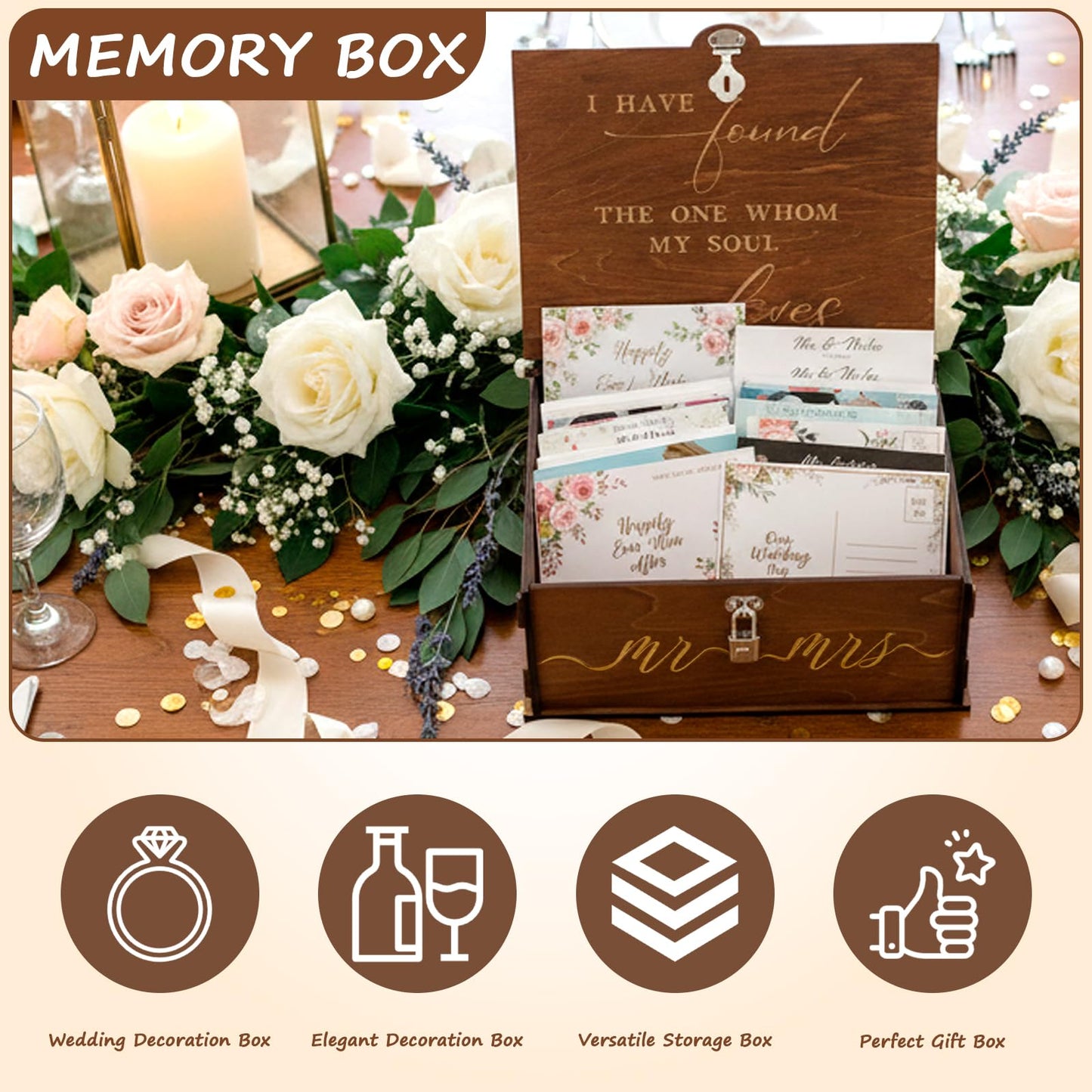 AerWo Mr and Mrs Wedding Keepsake Box, Large Wooden Storage Box with Lid and Lock, Assembled Keepsake Memory Box for Anniversary Engagement Gift, Wedding Memory Box for Couples Newly Engaged