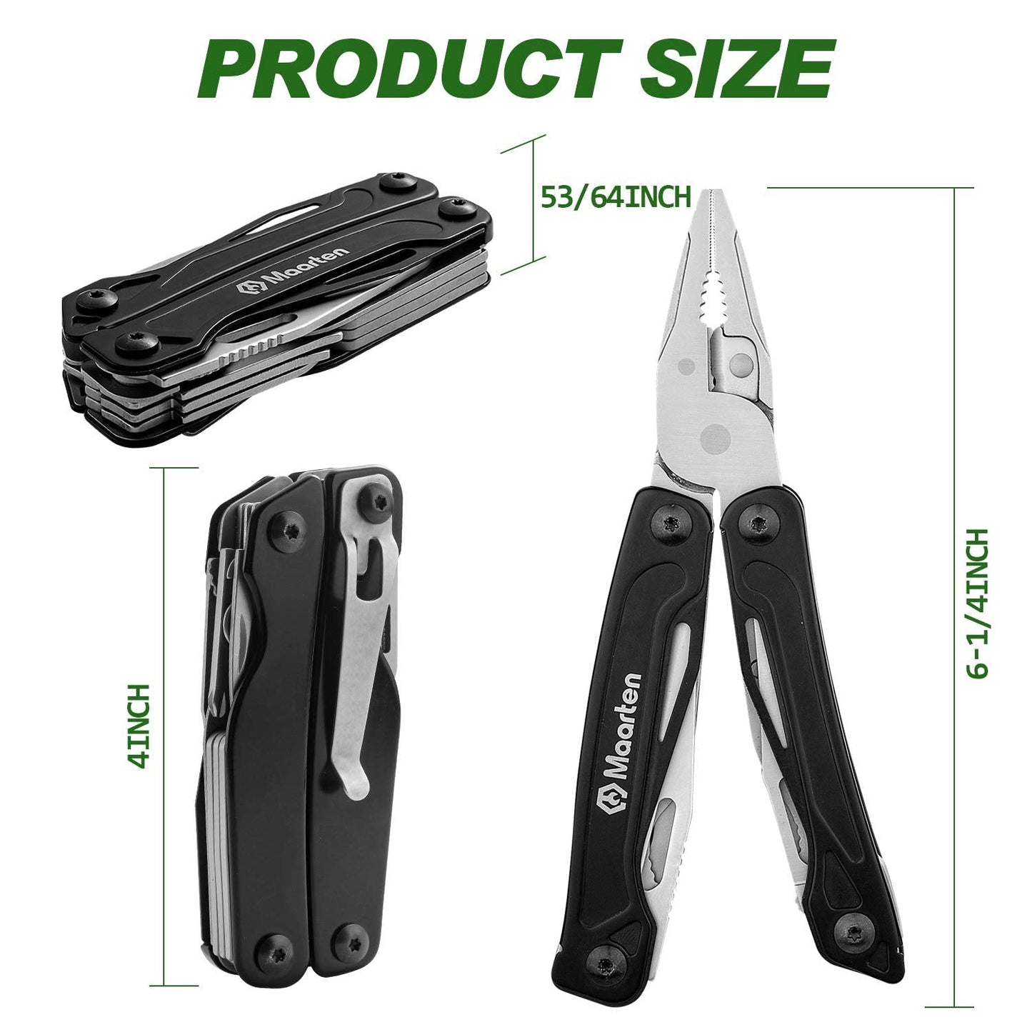 Maarten Multitool Pliers, 13 in 1 Stainless Steel Pocket Multi Tool Pliers with Pocket Clip, Portable Safety Locking Multi-Plier with Folding Saw, Bottle Opener and Durable Nylon Sheath