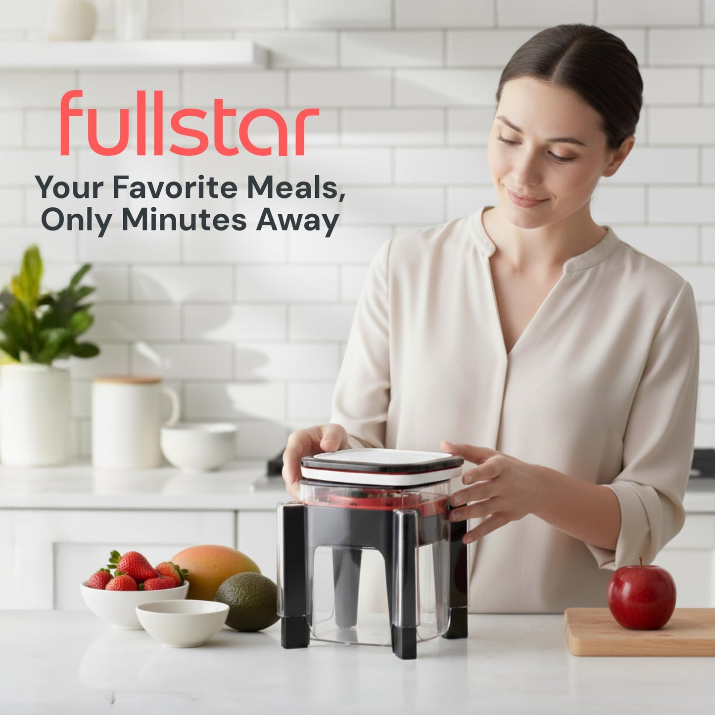 Fullstar Apple Slicer & Corer with Built-In Container – 2-Blade Fruit Cutter, 8 Slices, Includes Strawberry & Soft Fruit Attachments, Heavy-Duty Stainless Steel, Mess-Free Meal Prep