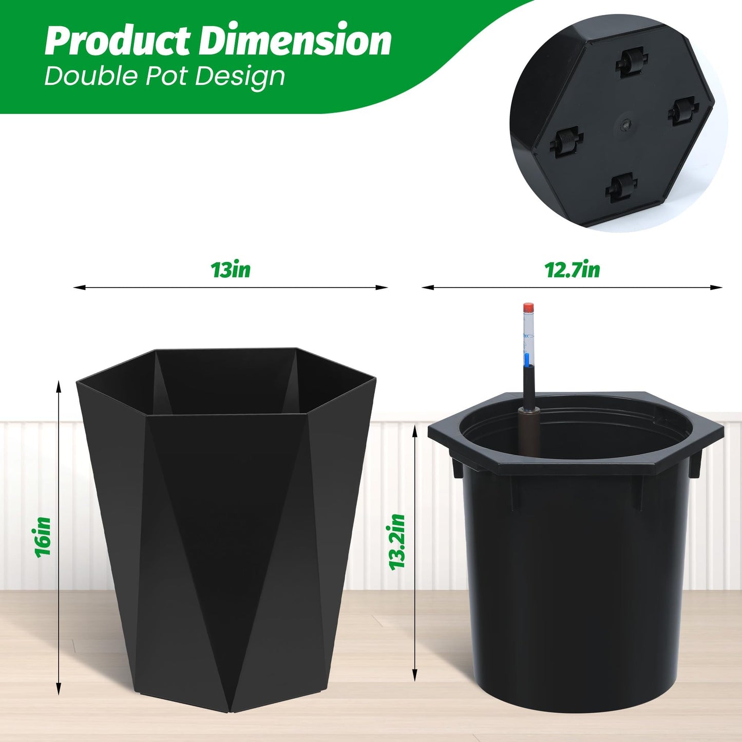 16" Black Tall Planters Outdoor Set of 2, Large Black Flower Pots Outdoor with Drainage Holes & Automatic Watering System, Modern Large Resin Planters for Outdoor Plants, Front Porch, Deck, Diamond