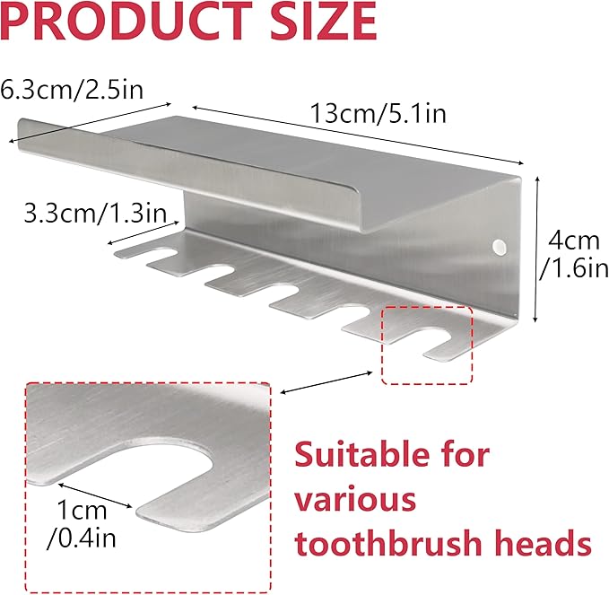 Stainless Steel Toothbrush Holder Wall Mounted - No Drill Bathroom Organizer with 3M Adhesive & Screws, 5-Slot Razor & Electric Toothbrush Holder, Rustproof for Wet Spaces (Silver, 18/8 304 Grade)
