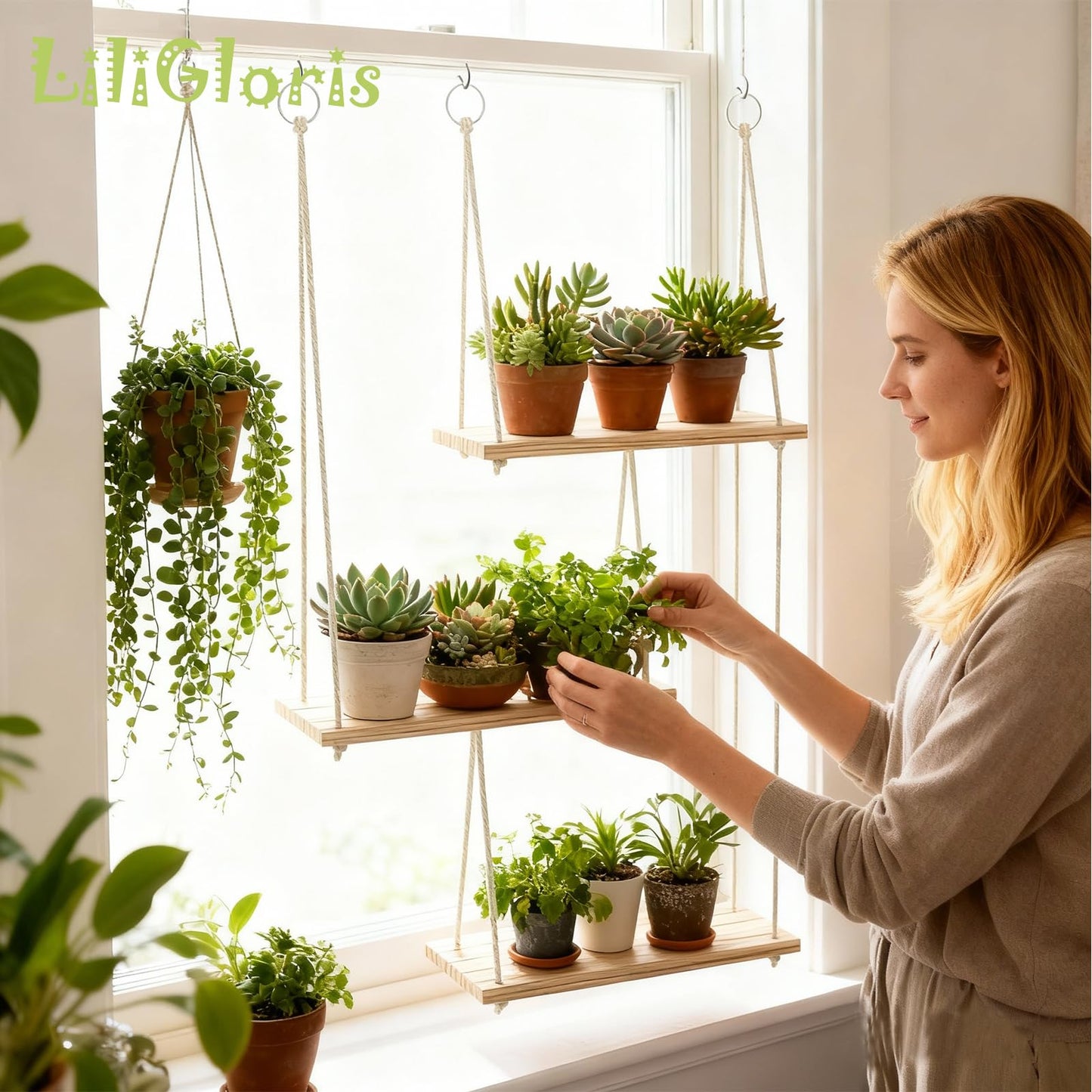 LiliGloris Bohemian Wall Shelf Decor, Natural Unpainted Wood Floating Shelf with Adhesive Mount for Plants & Photo Frames, Decorative & Functional Display for Bedroom Living Room Office Kitchen