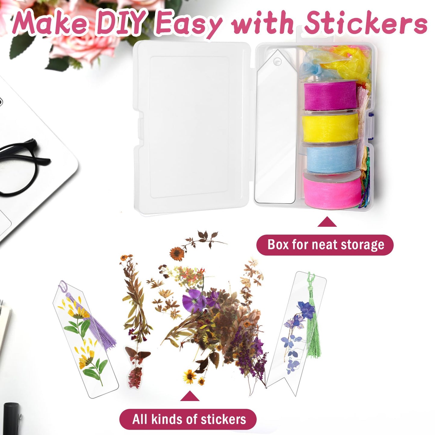 Pletpet DIY Bookmark Set - 50+75PCS Acrylic Bookmarks, 5 Shapes, Transparent, With 30P Tassels, 4 Rolls Ribbon, 40P Flower Stickers, Storage Box