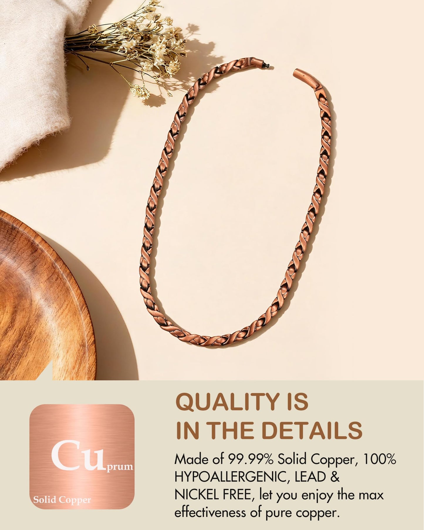 Feraco Copper Necklace for Men Women, 99.99% Pure Copper Magnetic Chains with 3500 Gauss Ultra Strength Neodymium Magnets, Adjustable Jewelry Gift (Fishtail)