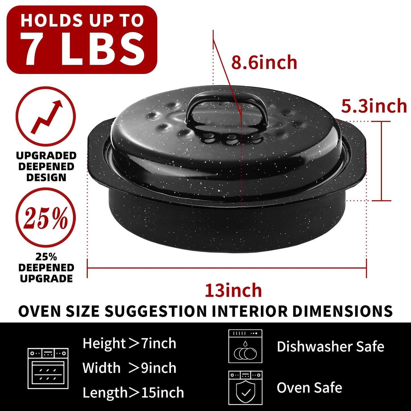 DIMESHY 13Inch Roasting Pan, Enamel on Steel, Black Covered Oval Roaster Pan with Lid, Small Cookware for Turkey, Small Chicken, Roast Baking Pan.