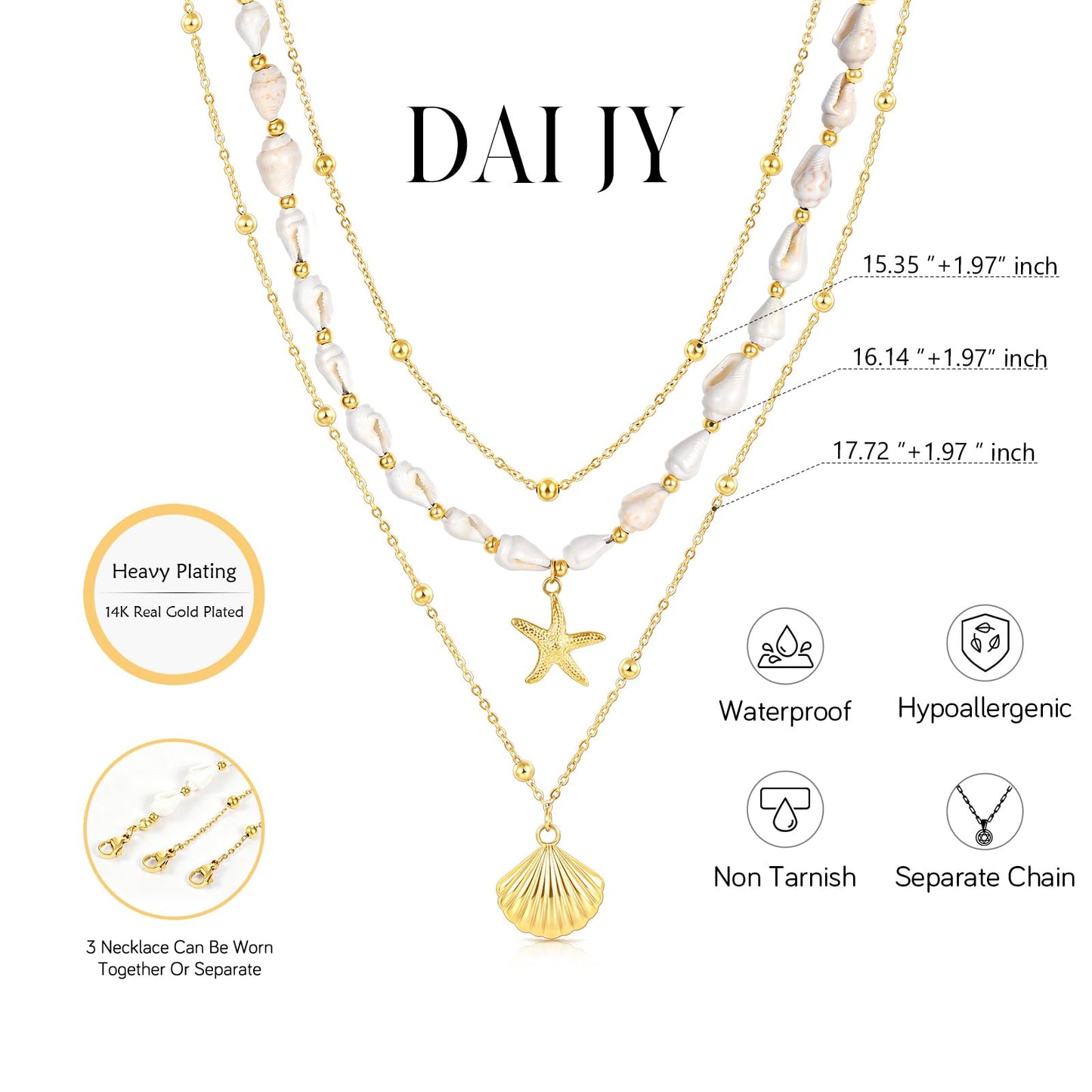 Starfish Seashell Necklace Conch Summer Beach Layered Necklaces for Women Non Tarnish Waterproof 14K Gold Chunky Necklace Stack Dainty Choker Chain Ocean Shell Pendant Charm Trendy Vacation Jewelry Gift (3pcs Starfish&Shell&Conch)