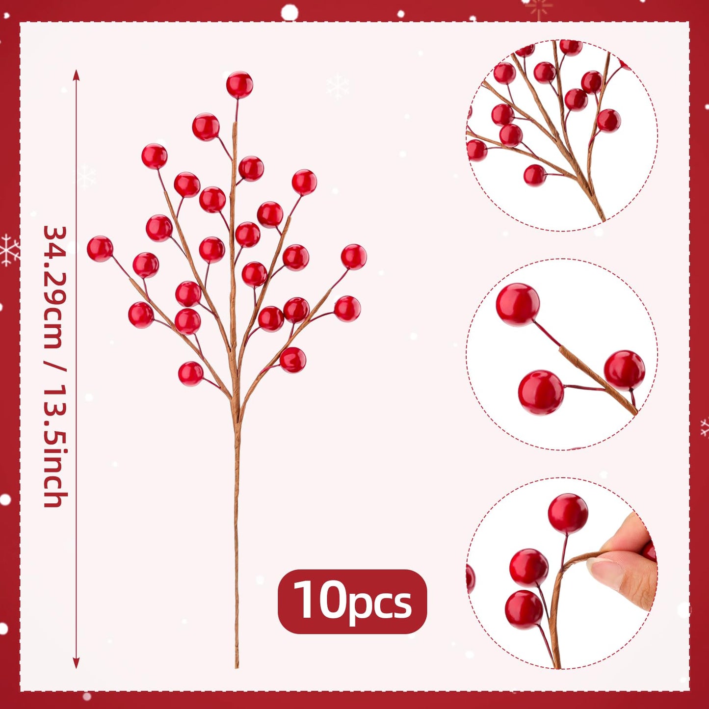 Quancru 10 Pcs Artificial Red Berries Stems 13.5" Christmas Holly Berry Branches Fake Pomegranate for Home Holiday Wedding New Year Wreath DIY Crafts Vase Floral Picks Decorations