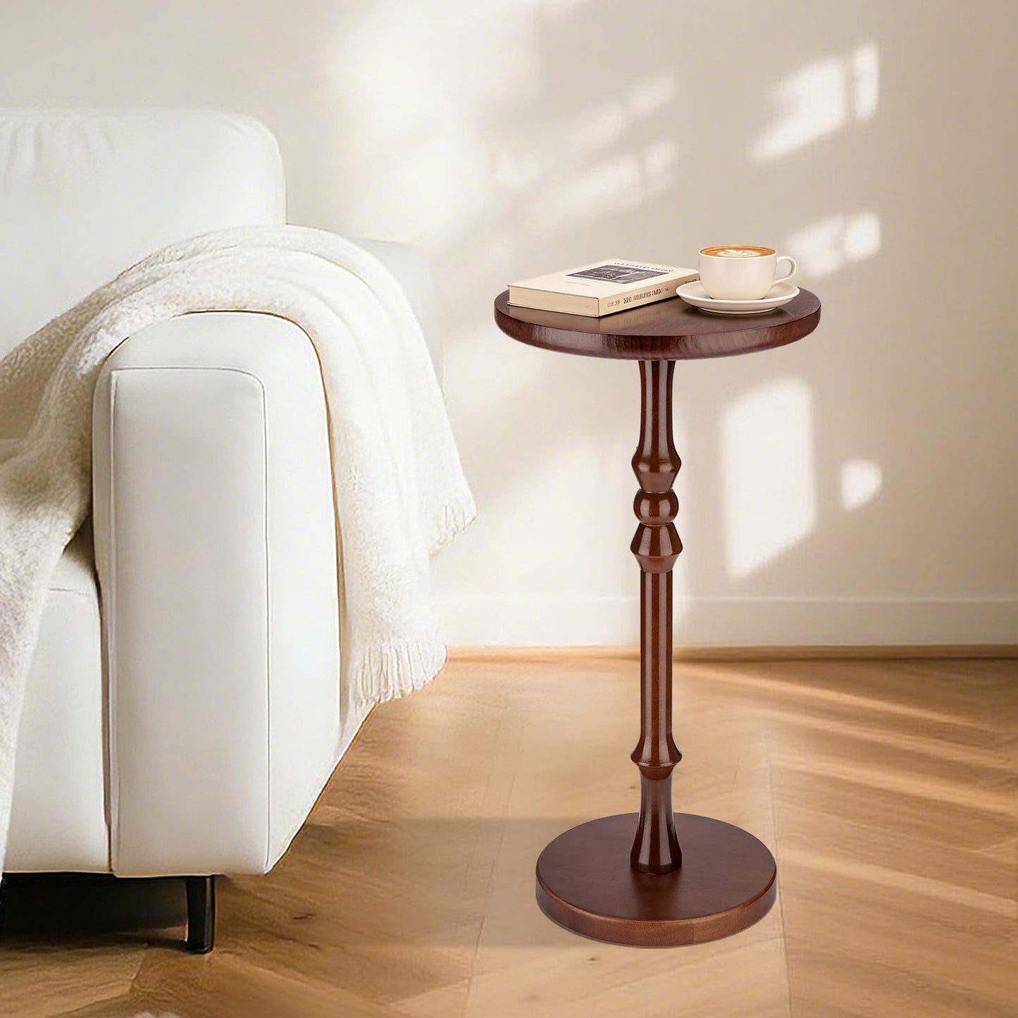 Lampaggio Round Side Table for Small Spaces, Drink Table with Oak Wood Pedestal Base, Modern Accent End Table or Nightstand for Living Room, Bedroom, Office, and Corners, Tool-Free Assembly, Brown