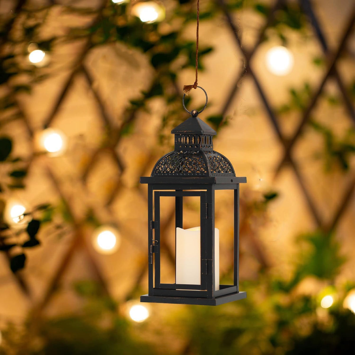 DECORKEY No Glass Lanterns Decorative Indoor & Outdoor, 15'' Candle Lantern Decorative Christmas Indoor Outdoor Decor, Vintage Metal Hanging Lanterns with LED Candle for Patio, Front Porch,Yard, Table