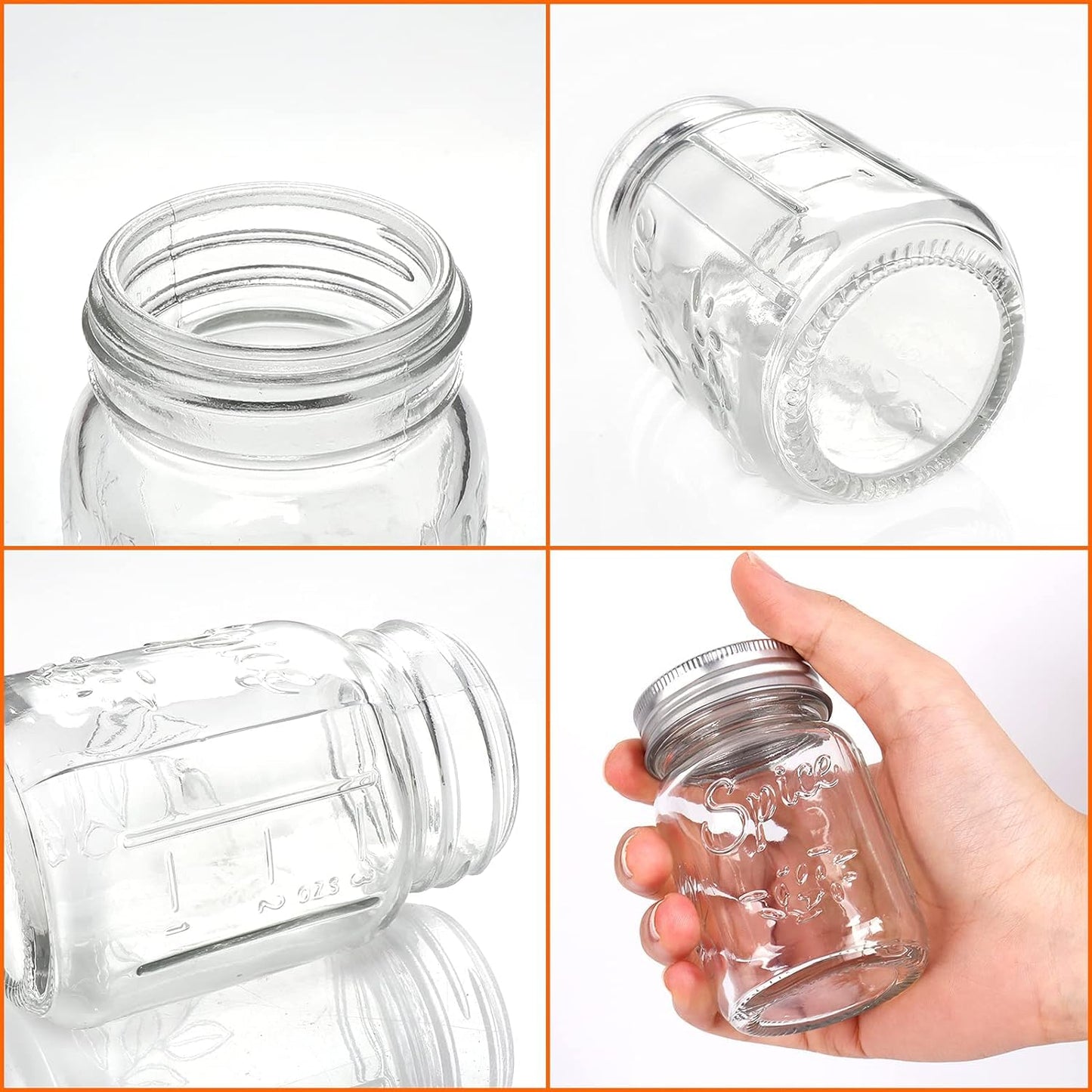 CycleMore 30 Pack 4oz Glass Mason Spice Jars, Round Spice Containers with Silver Metal Caps and Pour/Sift Shaker Lids-80pcs Labels,1 Silicone Collapsible Funnel,1 Brush and 1pcs Pen Included