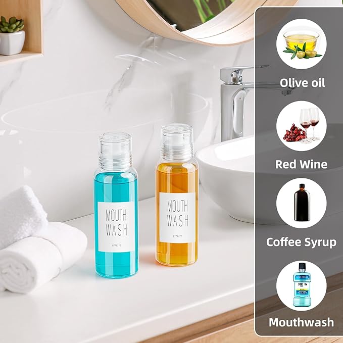 VITVITI Glass Mouthwash Dispenser for Bathroom, 10 OZ Mouth Wash Container Bottle with Lid Cup, Countertop Small Clear Refillable Mouthwash Dispensers Decanter (White)