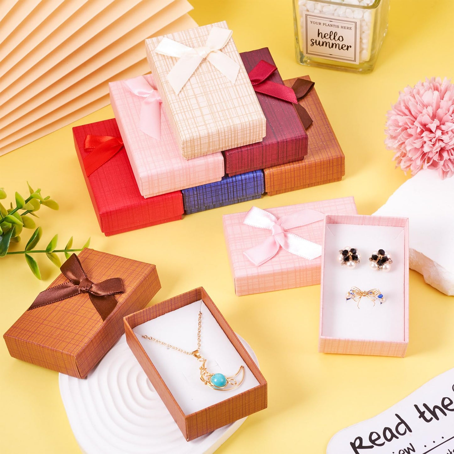 Craftdady 12 pcs Jewelry Gift Box Set Empty Packaging Cases with Bowknot Rectangle Cardboard Paper Jewelry Boxes with Lid for Necklaces Rings Earrings Pendants Displaying (Pink)