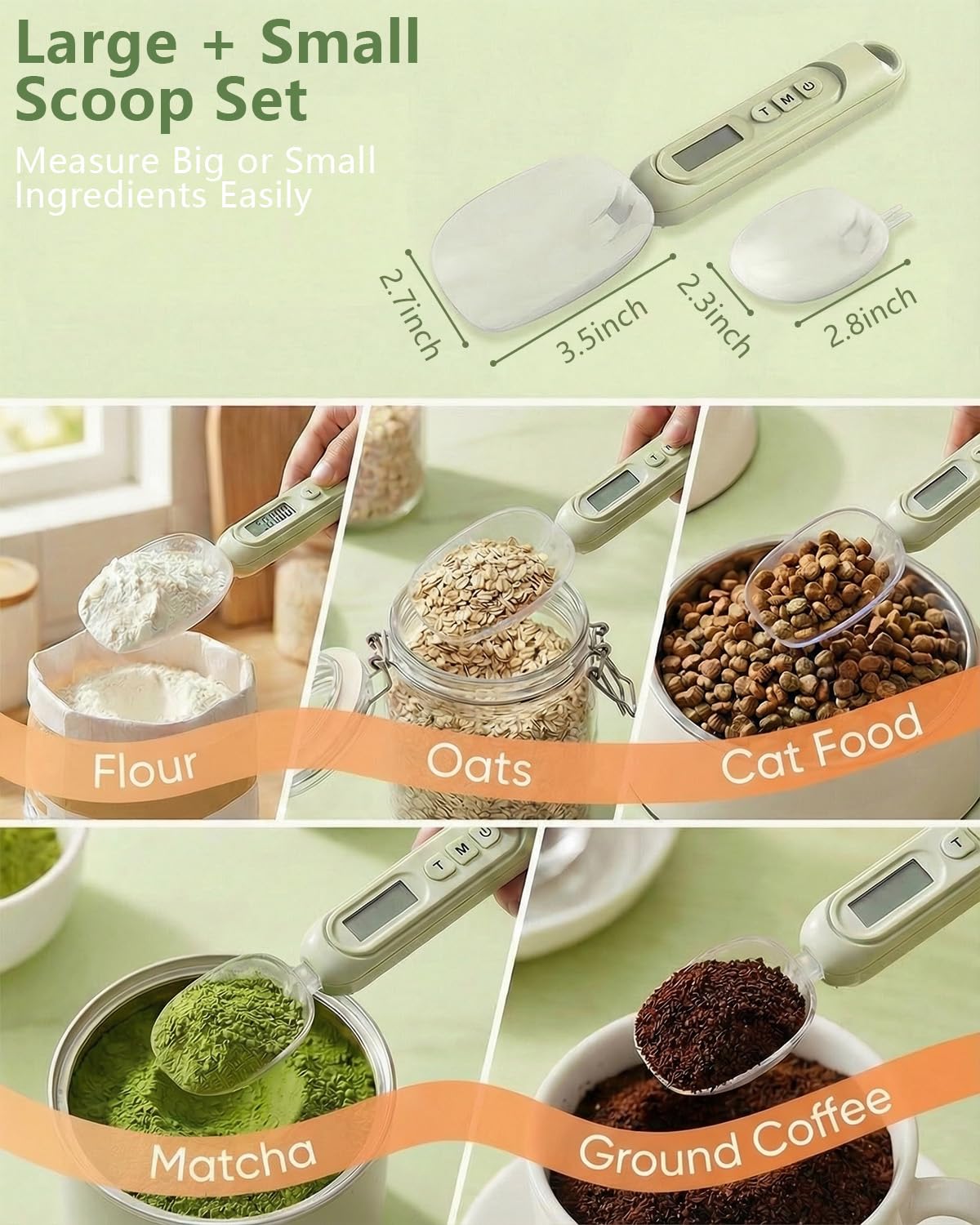 2026 Upgraded 2-In-1 Digital Measuring Spoon 【High-Precision 0.01oz/0.1g · Tested 10000+】 Baking Scale 【7-Unit】 Digital Kitchen Scale for Baking, Gram Scale for Weight Loss, Large & Small Scoop, Green
