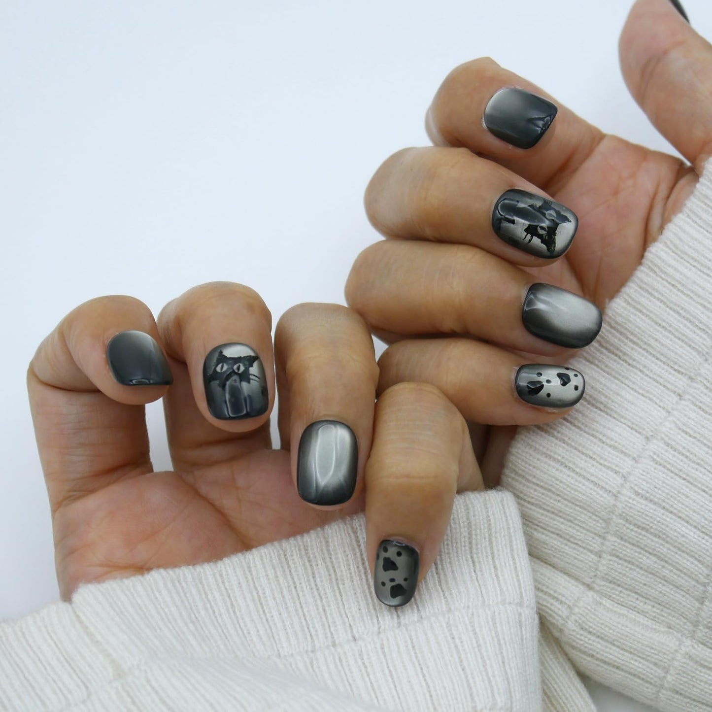S-Size_Press-On Nails, Short Square Black and Grey with Cat Design, Subtle Office Style