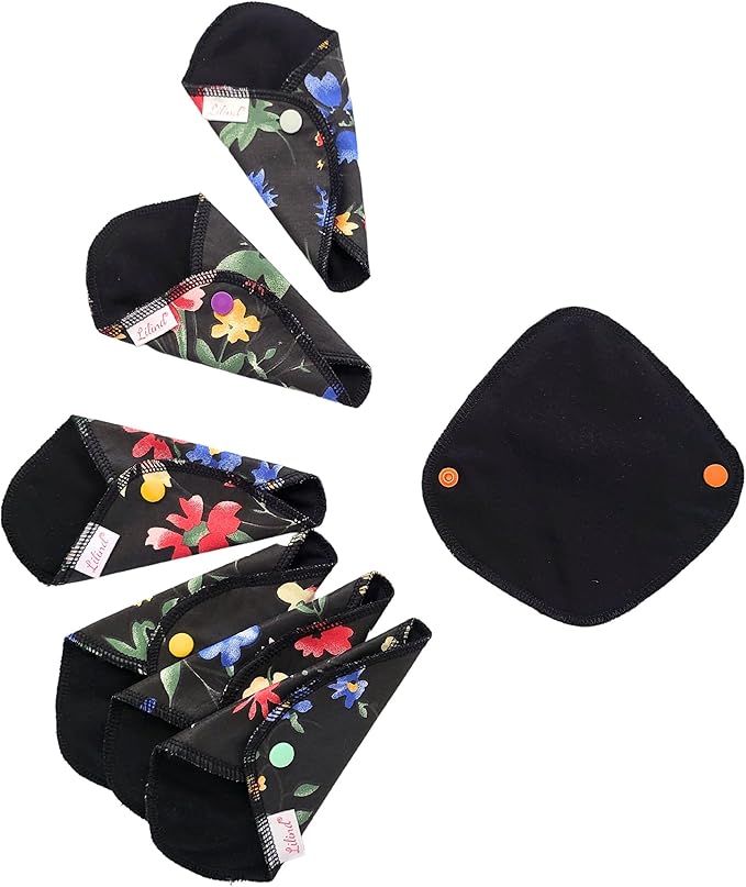 Lilind® 7 Pack Thong Pantyliners, Black Cloth Pads 100% Cotton Reusable Menstrual Sanitary Napkins, Free Wet bag, Complete set, Zero waste