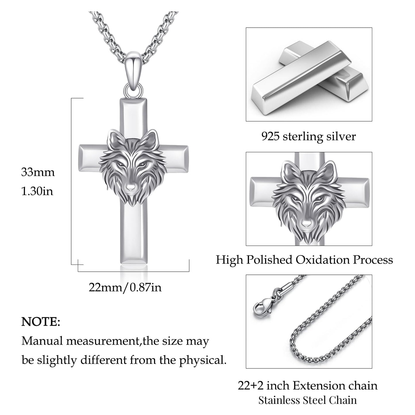 YEESIA Cross Necklace for Men 925 Sterling Silver Wolf Necklace Pendant Christian Protect Jewelry Wolf Gifts for Men Husband