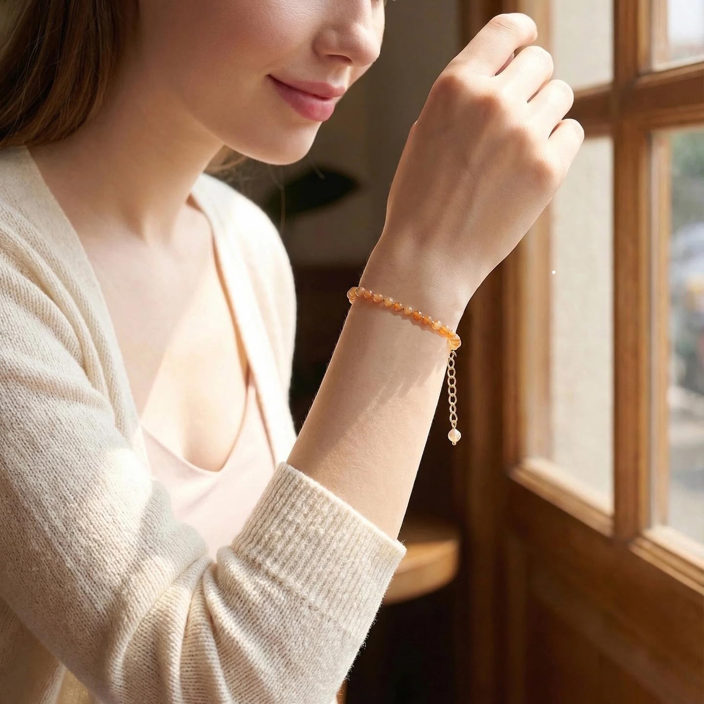 Morchic 3mm Orange Sunstone Feldspar Natural Gemstone Beaded Bracelet for Women, Dainty Charm Jewelry, Adjustable 7.1-8.6" Ideal Birthday Holiday Gift