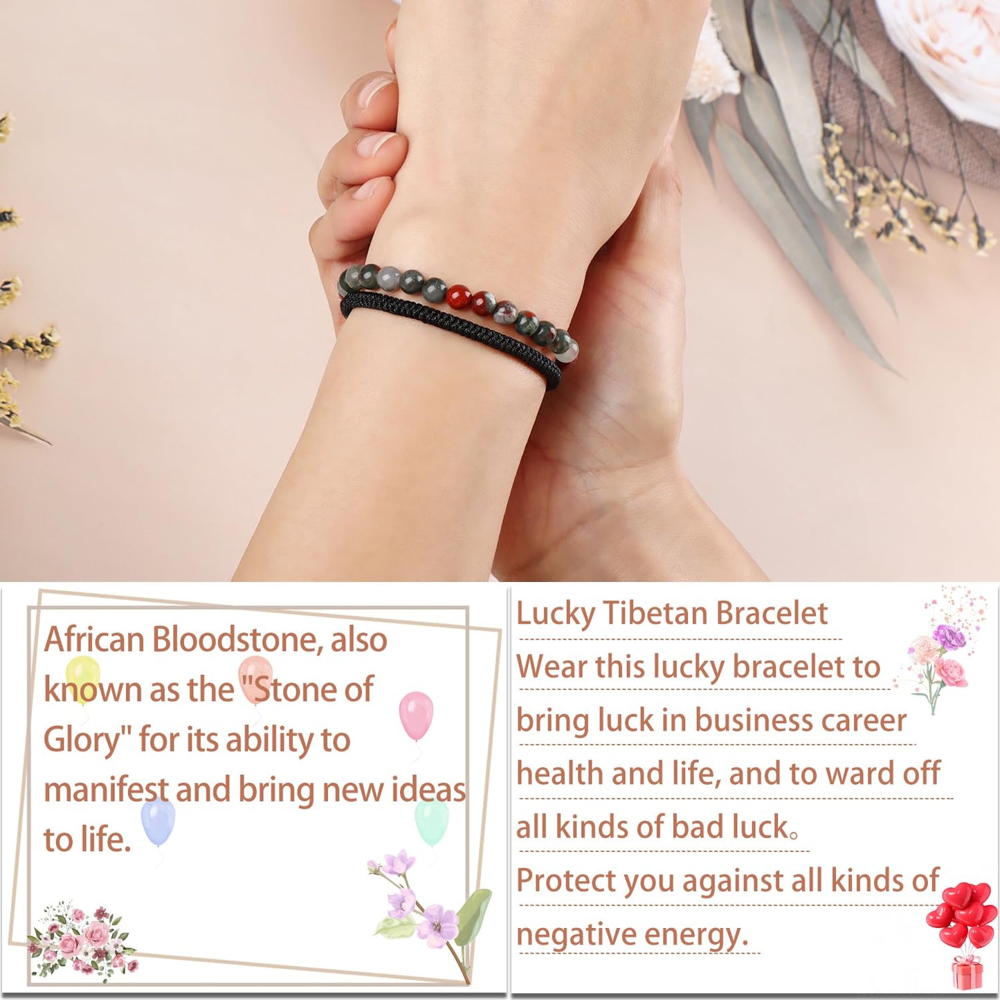 LPBeads 6mm African Bloodstone Bracelet with Handmade Rope Bracelet Size Adjustable Natural Stone Crystal Healing Bracelets Gifts for Unisex Adults