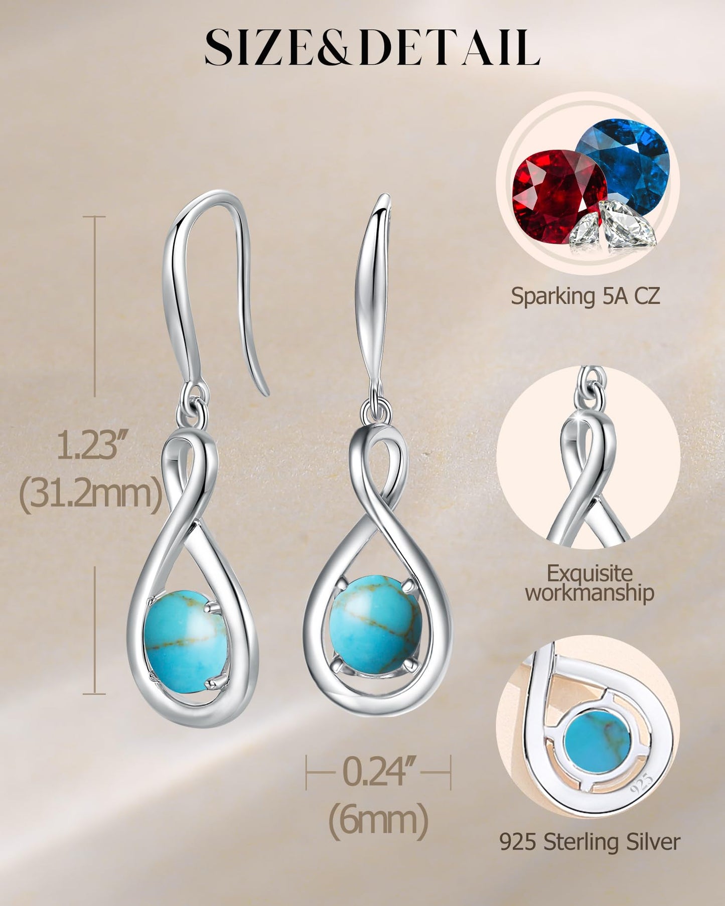 FANCIME Turquoise Dangle Drop Earrings 925 Sterling Silver Dainty Infinity December Birthstone Earring Fine Jewelry Birthday Mothers Day Gifts for Women Her