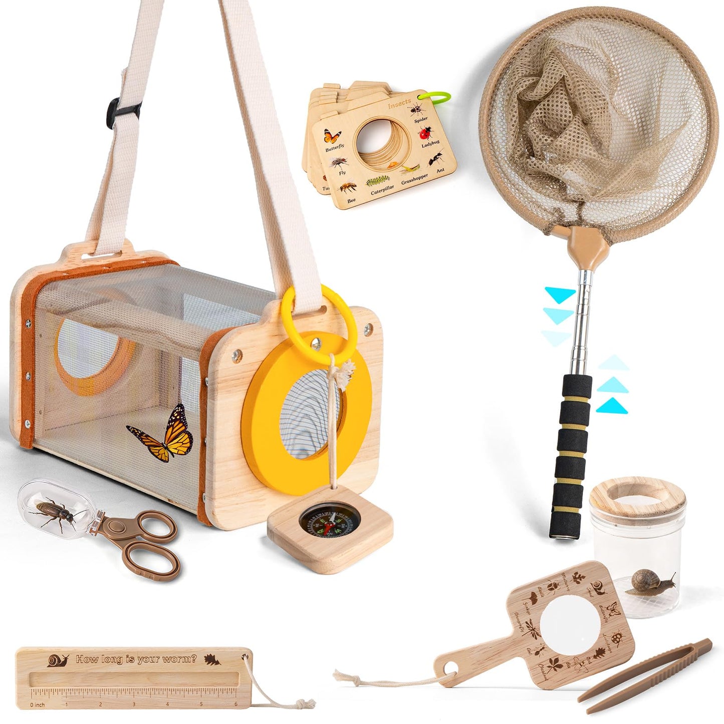 Wooden Bug Catcher Kit for Kids 3-8, 10PCS Outdoor Explorer Set with Bug House, Butterfly Net, Magnifier & Tools, Catch & Release STEM Nature Kit, Non-Plastic Educational Gift for Boys & Girls