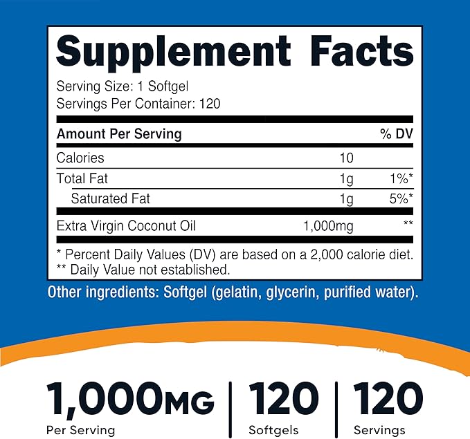 Nutricost Coconut Oil Softgels (1000mg) 120 Softgels - Extra Virgin Coconut Oil - Gluten Free and Non-GMO
