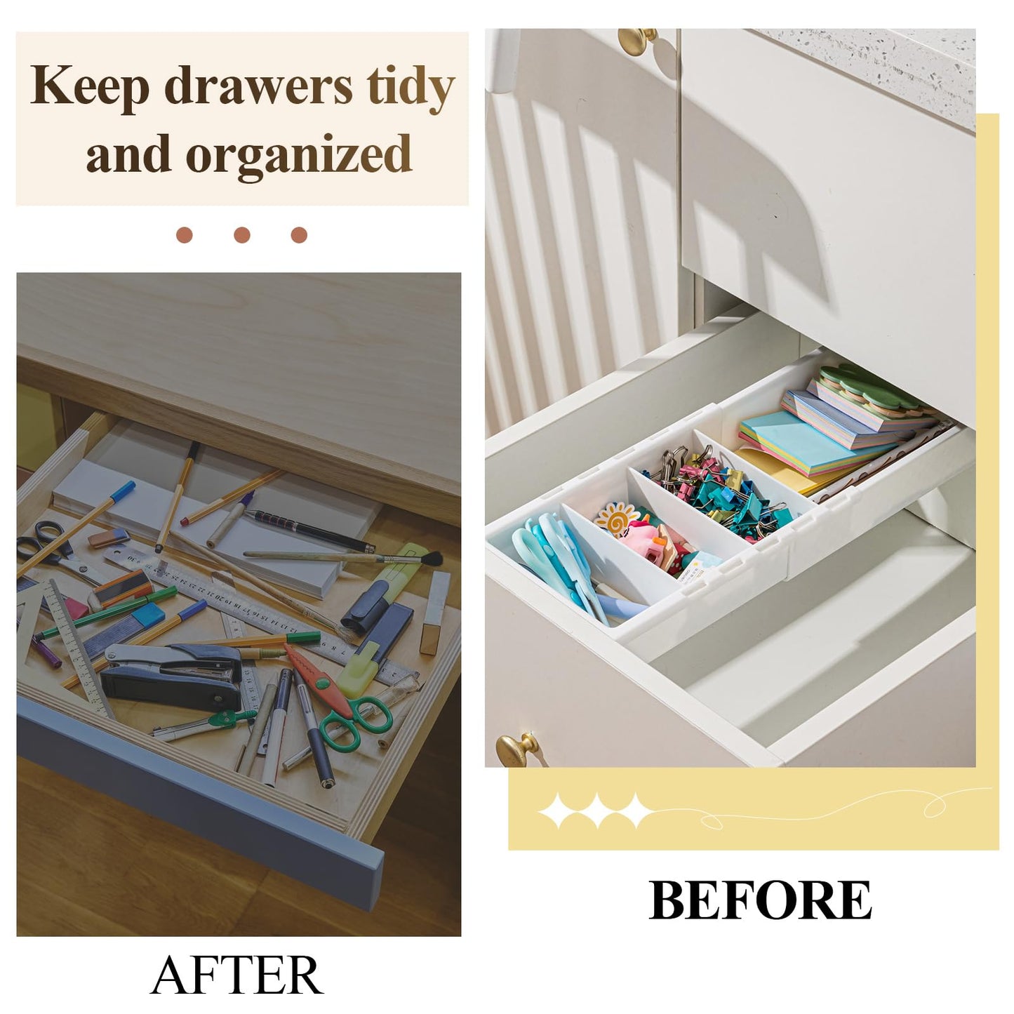 BrightRow 3 Pcs Expandable Drawer Organizer Bins Adjustable Deep Drawer Hanging Organizer Tray Expandable 11.4 to 18.1 Inches Plastic Dividers Storage for Office Bathroom Bedroom Kitchen Desk, White