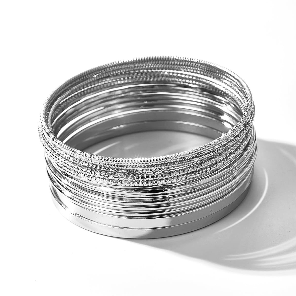 RINTOLER 14Pcs Silver Bangle Bracelets Set for Women - Multi Layer Stackable Textured Bracelets Boho Jewelrys for Women.