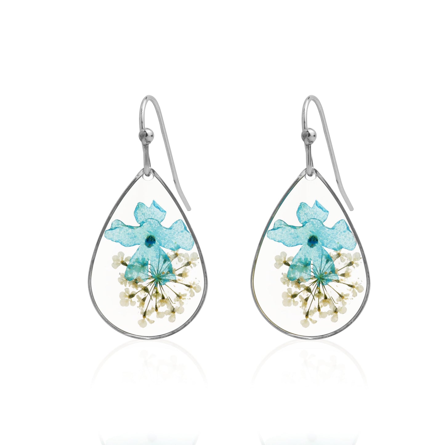 Jean Beau Handmade Pressed Flower Earrings for Women, Unique Blue Turquoise Dried Flowers Sterling Silver Teardrop Dangle Drop Nature Floral Earings Summer Jewelry Gift