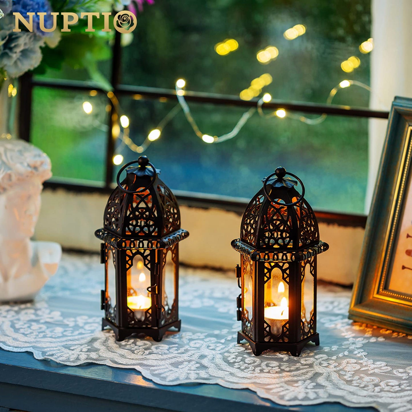 NUPTIO 6 Pcs Hanging Candle Holder Lantern Centerpiece Table/Hanging Glass Hexagon Moroccan Candle Lantern Holders, Black